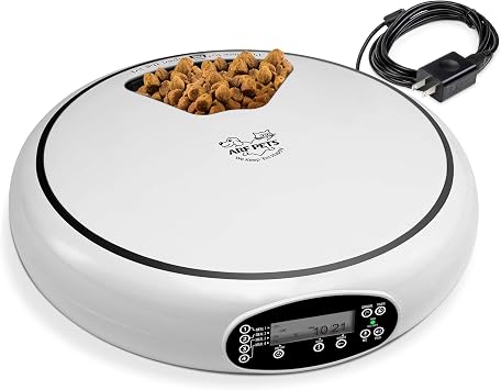 Arf Pets Automatic Pet Feeder, 5 Meal Food Dispenser for Dogs, Cats & Small Animals w/Programmable Timer, Dishwasher-Safe Tray Feeds Wet or Dry Food - Serves 4 Meals Per Day Adopter Included