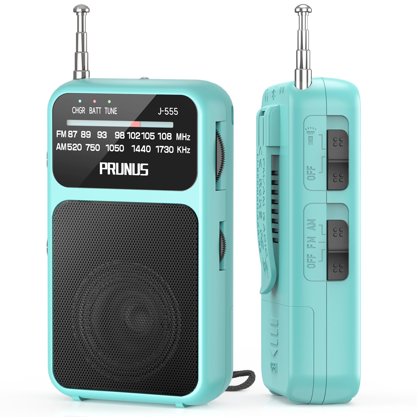 PRUNUS J-555 AM/FM/UKW Radio Klein, Kleines Radio mit Akku, USB-C-Laden, Miniradio Batteriebetrieben per AAA-Batterien mit Rückclip & Lanyard zum Joggen, Camping, Stromausfall. (Blau)