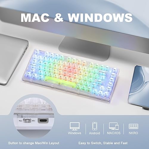 Miniatura 5 de YUNZII X75 PRO - Teclado mecánico inalámbrico intercambiable en caliente de 82 teclas con teclas transparentes, montaje de junta, BT5.02.4GUSB-C