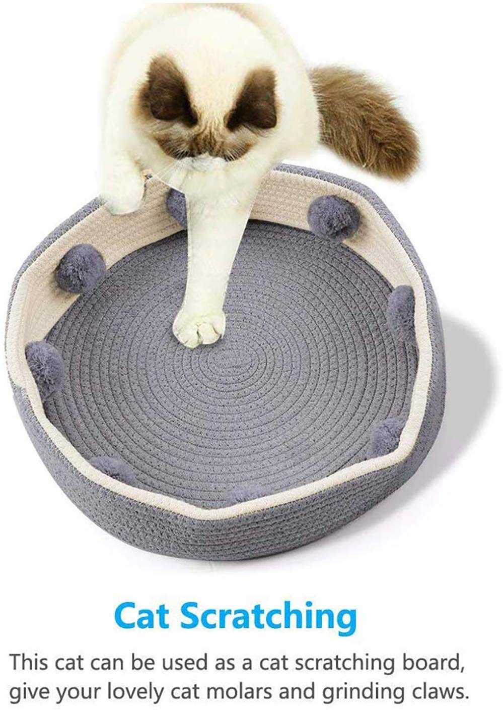 كيه اتش سرير للقطط على شكل سلة للحيوانات الاليفة، بساط خدش للحيوانات الاليفة، وسادة من حبل قطني منسوج قابل للغسل للكلاب والقطط