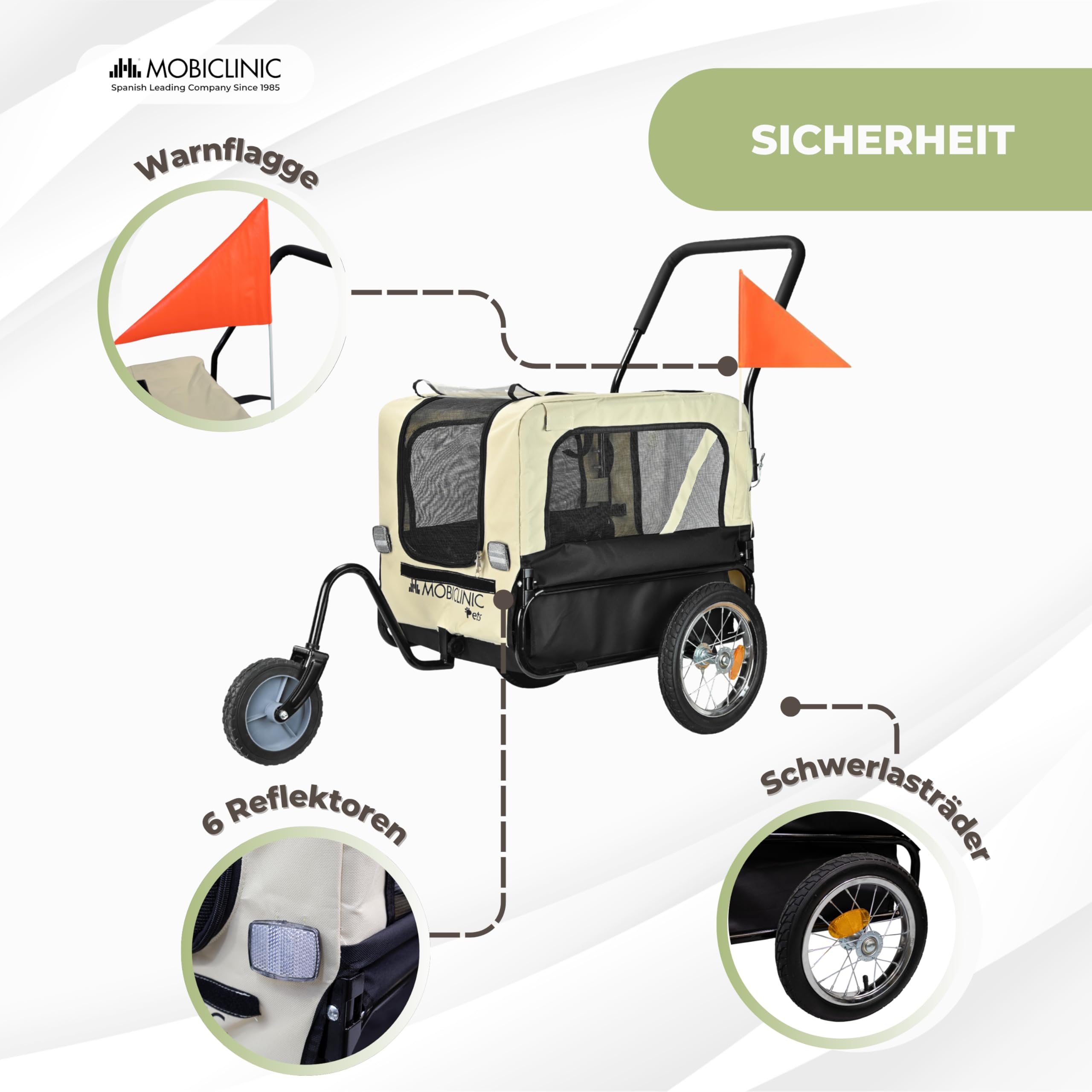 Mobiclinic®, Hundeanhänger für Fahrrad + Hundewagen, 2 in 1, Bis 40 kg, wasserdichte Abdeckung, 123x67x100 cm, Reflektoren & Fahne, 600D Oxford, Für Kleine und Mittelgroße Hunde