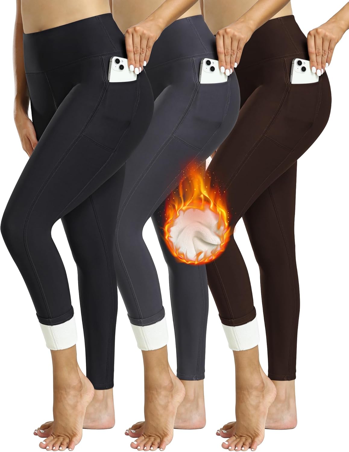 CHRLEISURE Fleece Lined Leggings Women with Pockets - Winter Warm Thermal Thick Tights High Waisted Yoga Pants