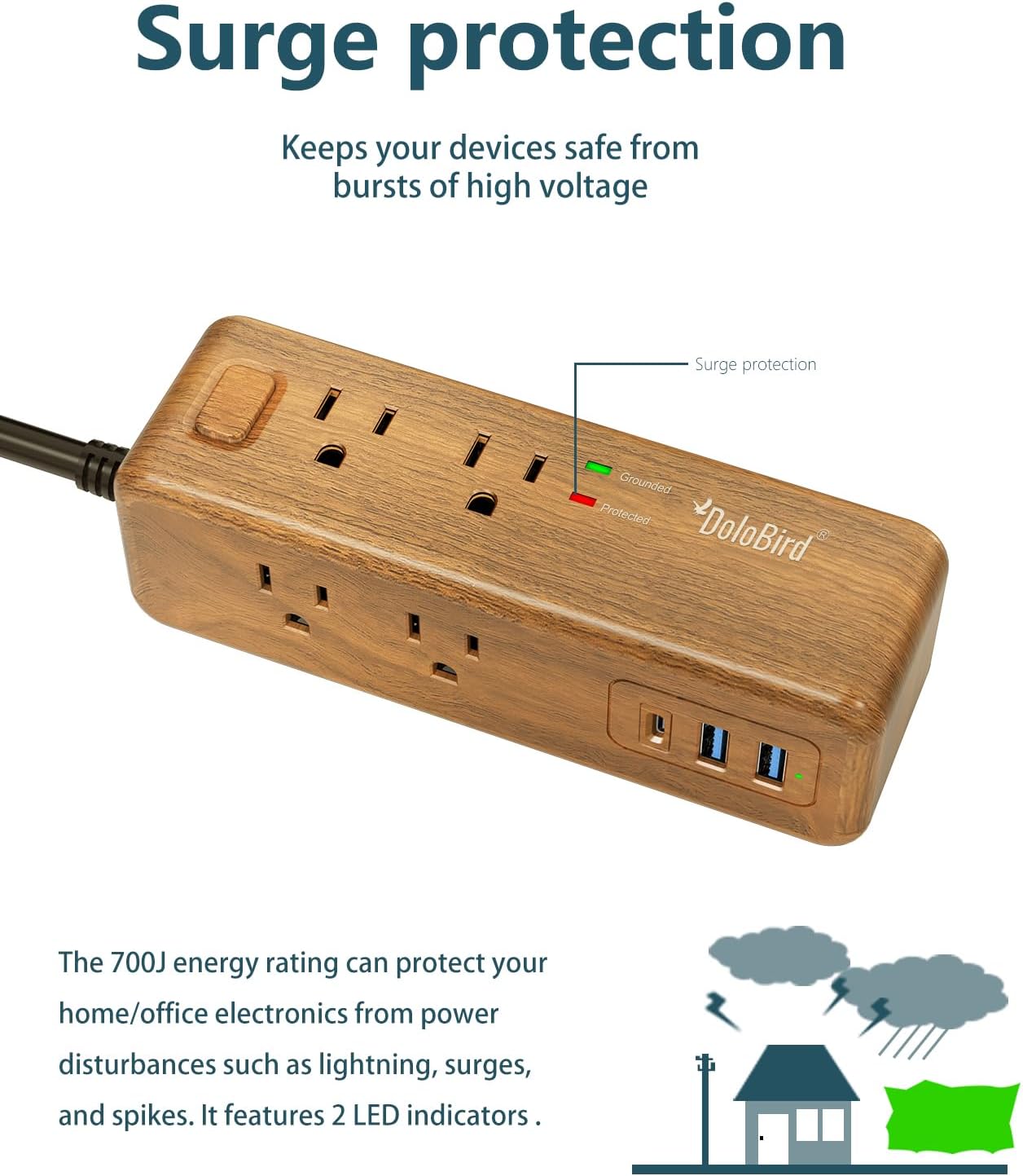 Power Strip Surge Protector 8 Outlet with 2 USB-A+1USB-C Ports Charging Station Long Extention Cord Right Angle Flat Plugs Circuit Breaker for Home Office Dorm Room (Light Wood USB-C)