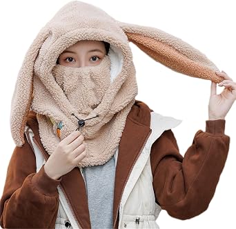 Cute Women Winter Neck Warmer Bunny Ears Hat Thicken Warm Hat One-Piece Hat Scarf Face Cover Windproof Cycling Hat
