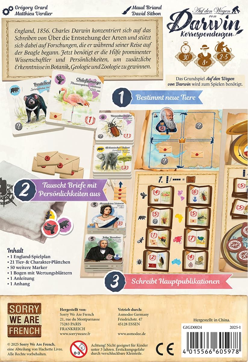 Sorry we Are French, On the Paths of Darwin - Correspondences, Expansion, Family Game, 2-5 Players, from 8+ Years, 30 Minutes, German