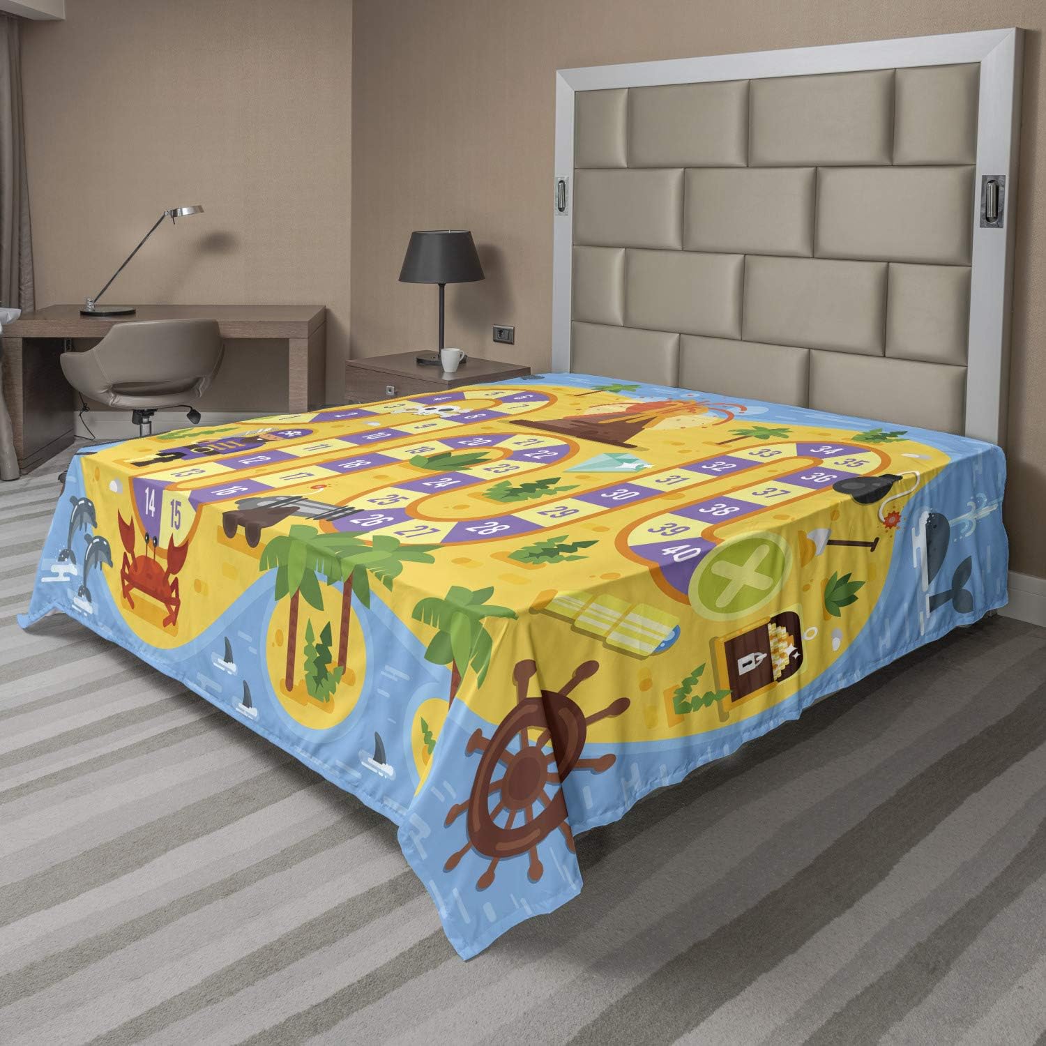 Ambesonne Cartoon Activity Flat Sheet, Finding Treasure of The Pirate Themed Board Game Style Colorful Island Map, Soft Comfortable Top Sheet Decorative Bedding 1 Piece, Full Size, Multicolor