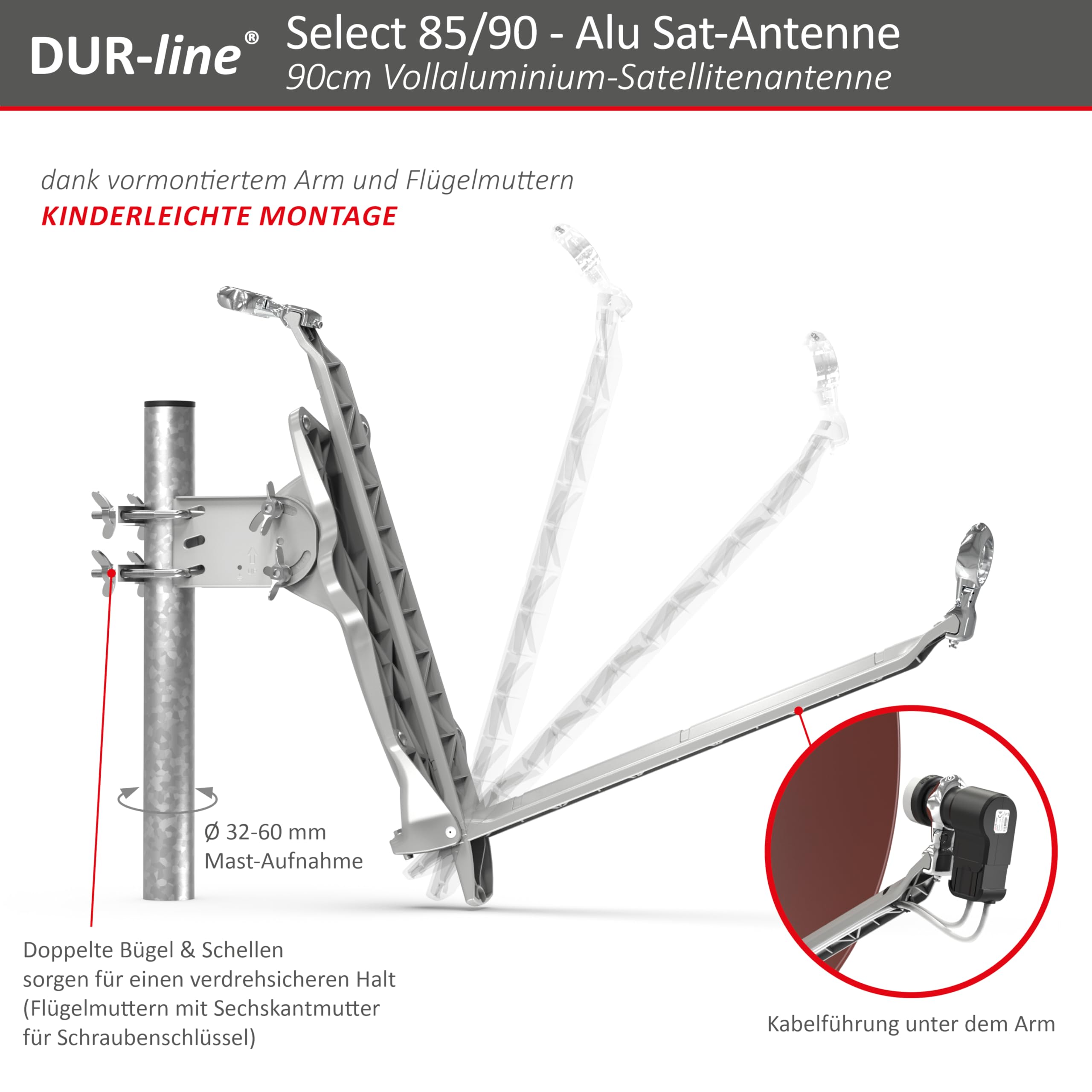DUR-line 4 Teilnehmer Set - Qualitäts-Alu-Satelliten-Komplettanlage - Select 85cm/90cm Spiegel/Schüssel Rot + Quad LNB - für 4 Receiver/TV [Neuste Technik, DVB-S2, 4K, 3D]