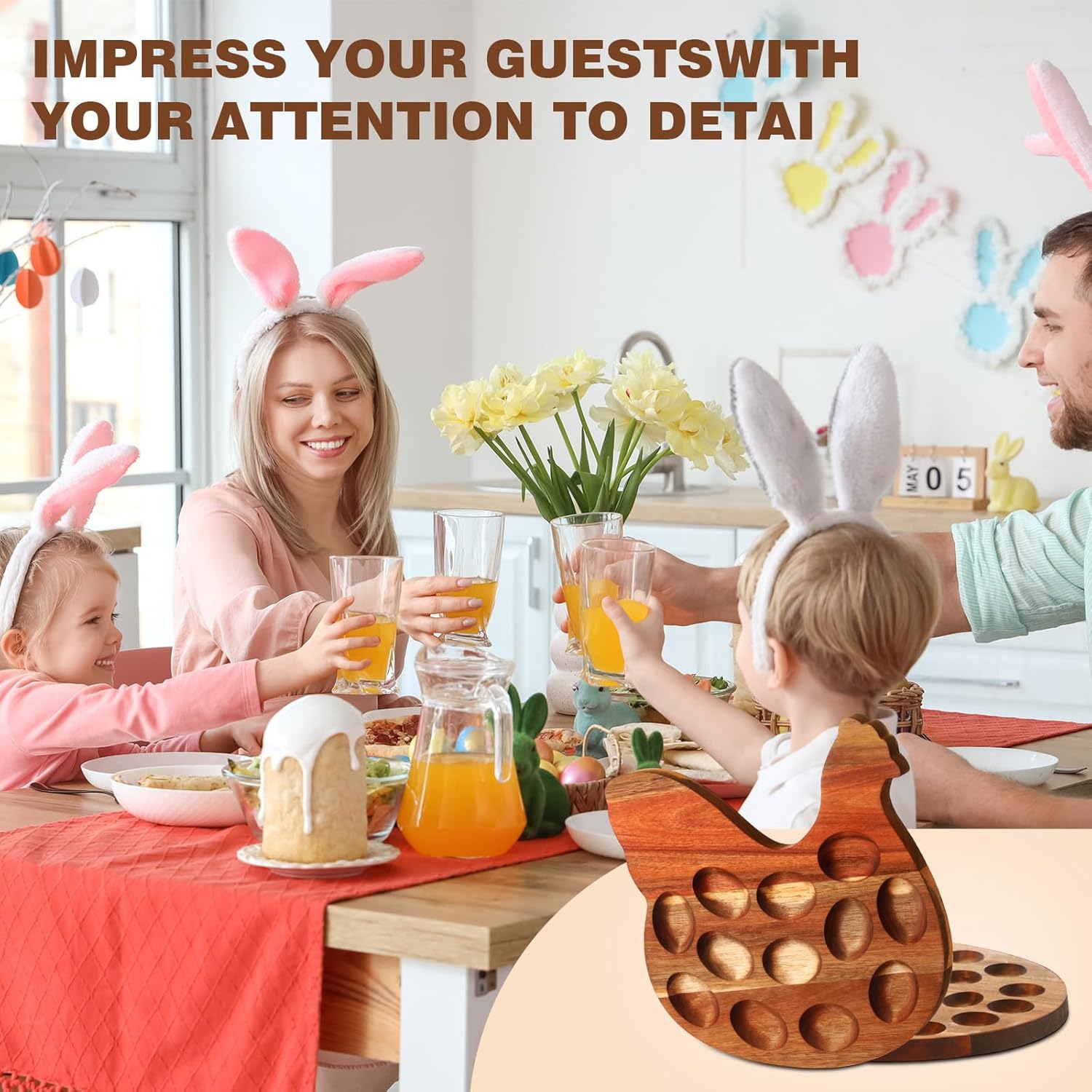 2 Pcs Easter Deviled Egg Container Platter 36 Holes Wooden Reversible Deviled Tray with Cake Icing Piping Tool, Hen and Egg Shapes Tray Holder Kitchen Table Serving Platter