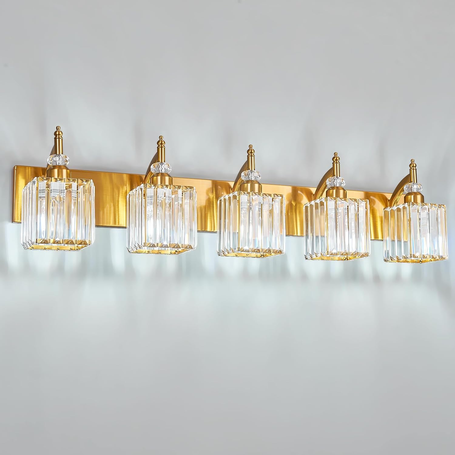 5-Light Crystal Vanity Lights - Gold, Modern Over-Mirror Bathroom Light Fixtures