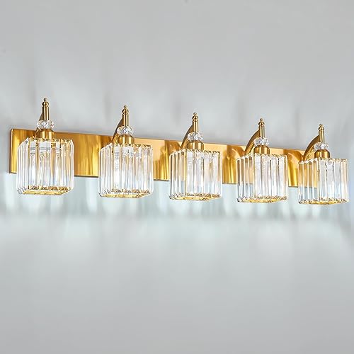 Luces de tocador de cristal de 5 luces, color dorado, modernas lámparas de baño sobre espejo