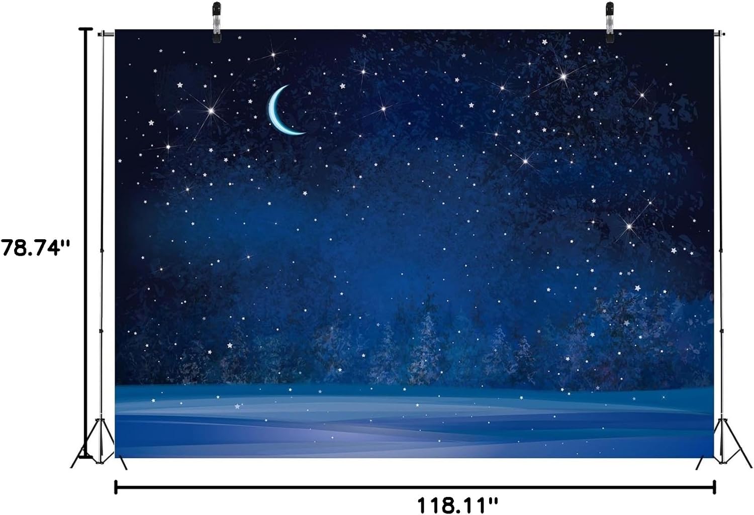 BELECO 10x6.5ft Fabric Winter Wonderland Night Snowfall Backdrop Blue Starry Sky Moon Stars Snowflakes Fir Trees Pine Forest Snow Scene Background Christmas New Year Party Decoration Photo Studio Prop