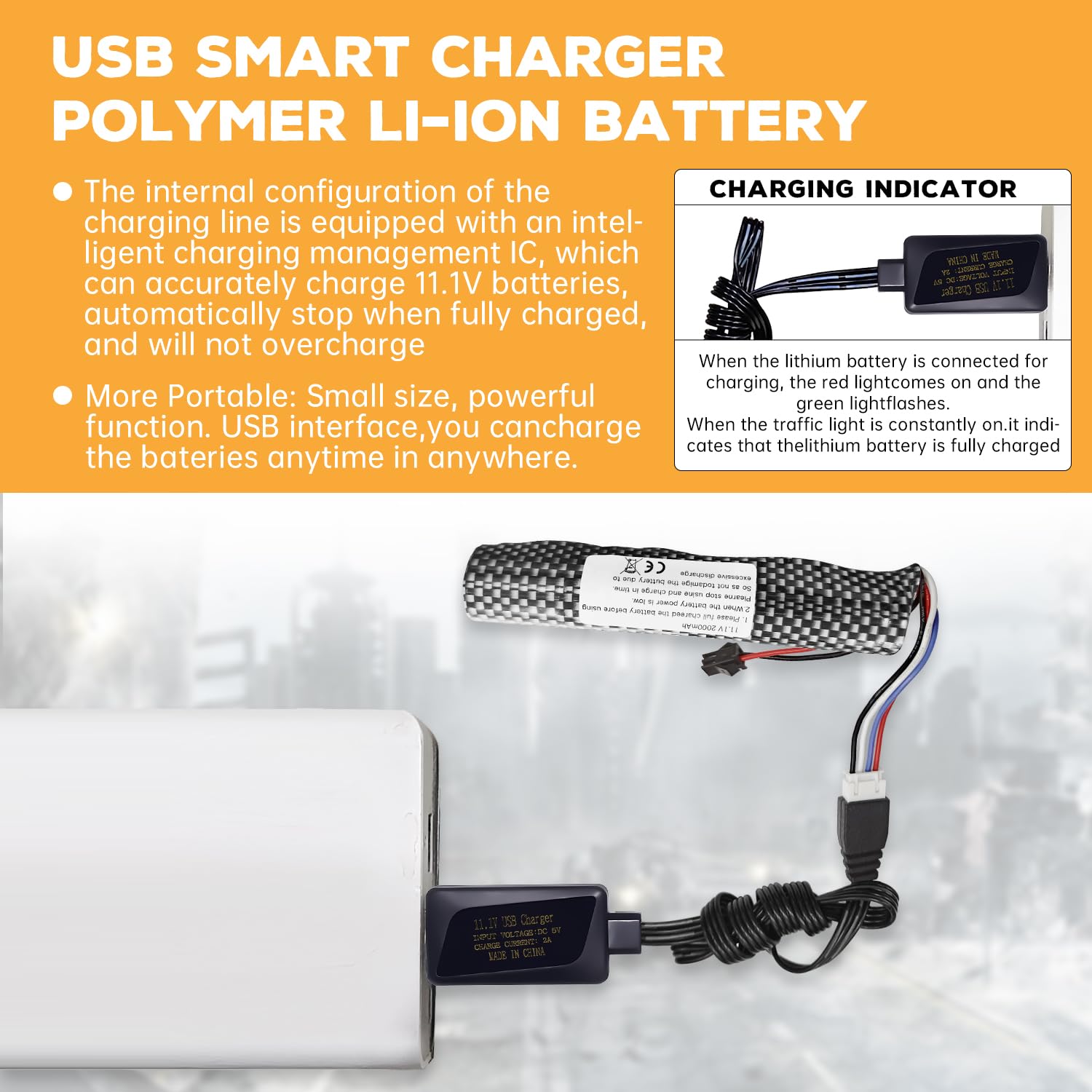 2PCS 3S 11.1V 2000mAh Batterie Connecteur SM-2P avec 2PCS Ligne de Chargement USB pour Gel Airsoft Balle à Eau Gel Airsoft Balle Onde de Choc
