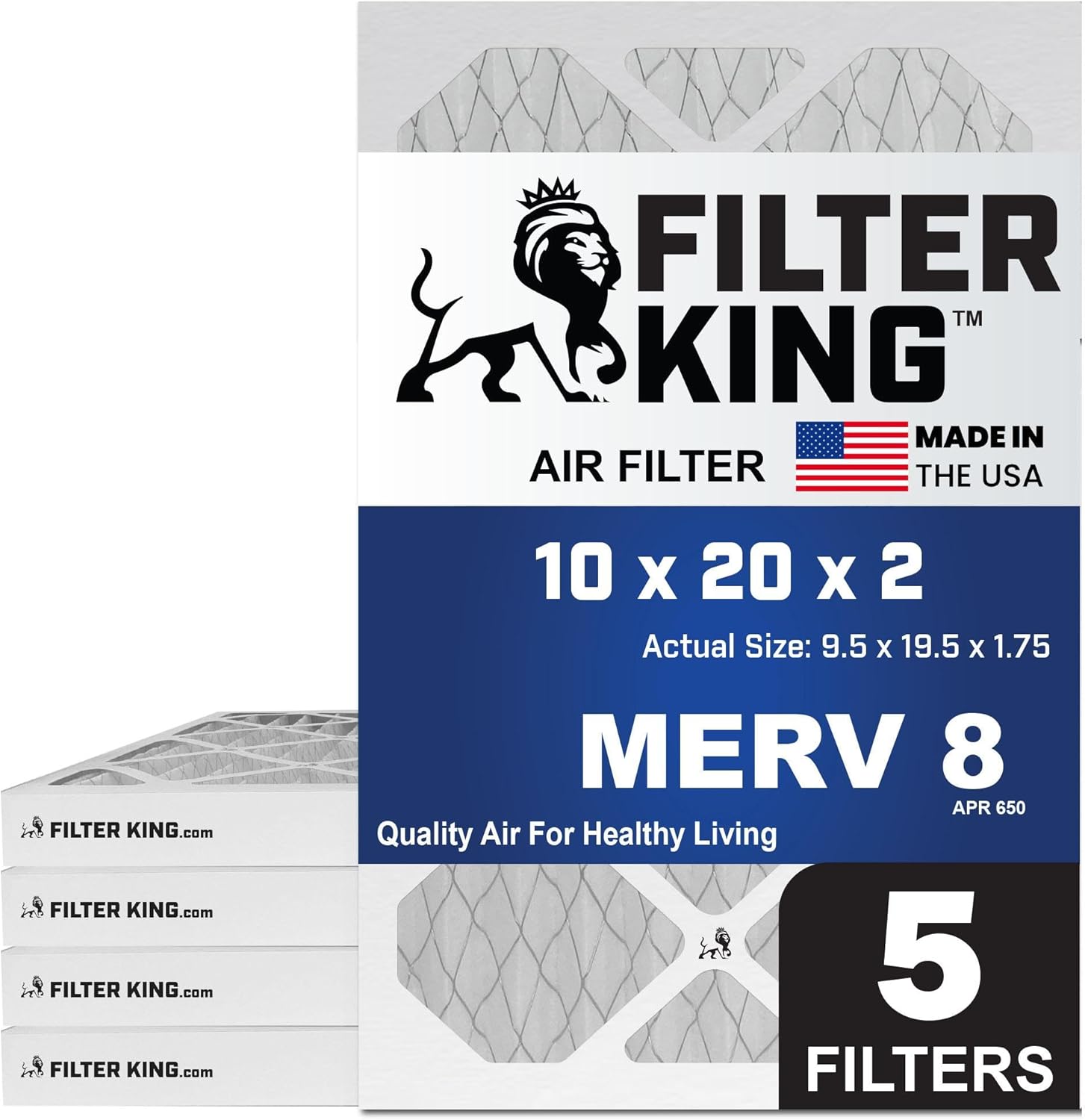 Filter King 10x20x2 Air Filter | 5-PACK | MERV 8 HVAC Pleated A/C Furnace Filters | MADE IN USA | Actual Size: 9.5 x 19.5 x 1.75"