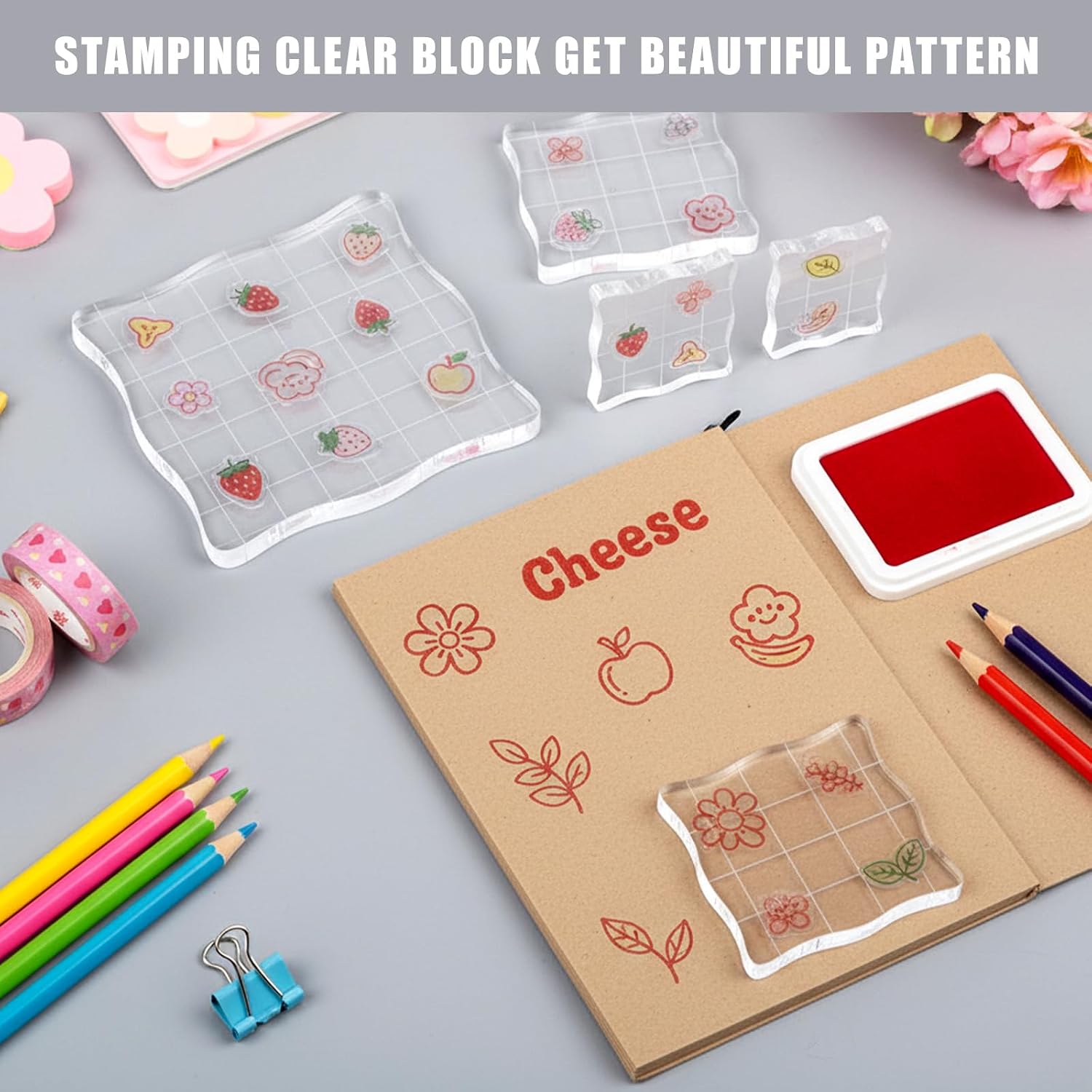 5 Pcs Acrylic Stamp Block Acrylic Clear Stamp Block with Grid Lines Stamping Blocks for Scrapbooking Card Making DIY Crafts Essential (Lace Edge)