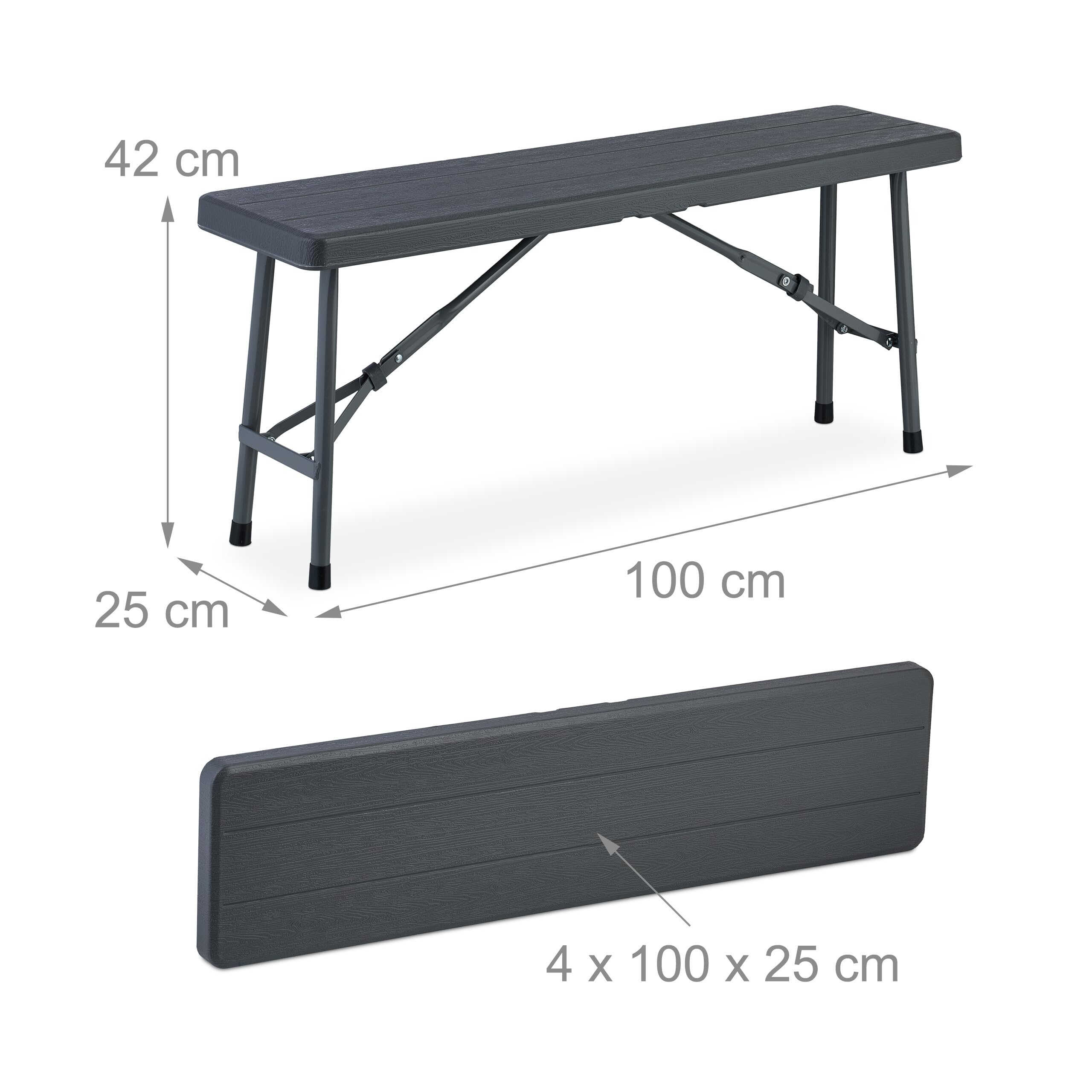 Relaxdays Banc Pliable, Lot de 2, Acier et Plastique, pour Jardin, terrasse, Camping, HLP : 42x100x25 cm, Gris