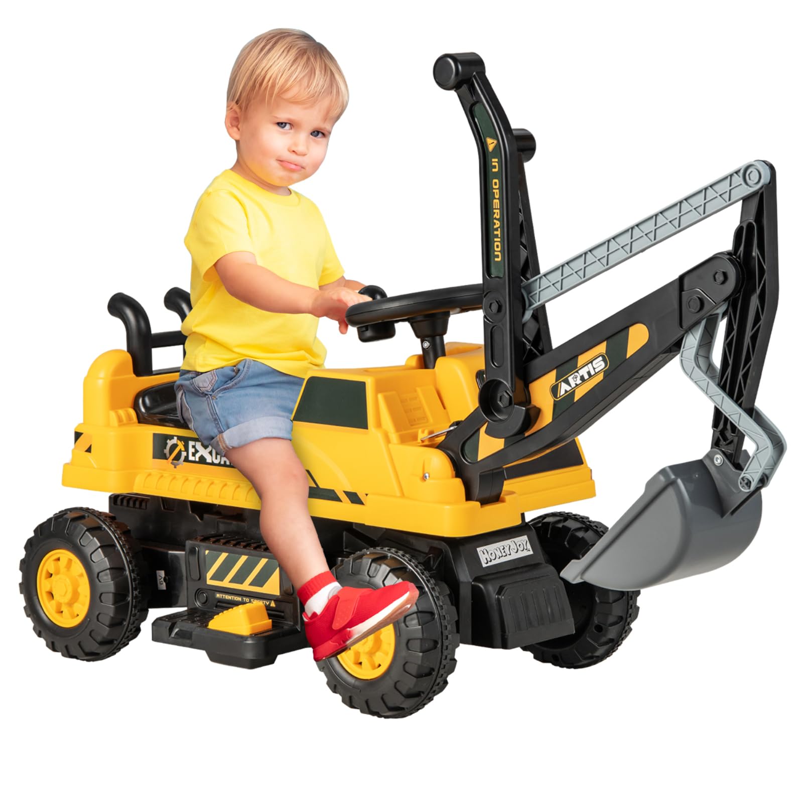 Maxmass 6V Kids Ride on Digger, Battery Powered Children Ride on Excavator with Adjustable Arm & Shovel, Lights, Music, USB, Underneath Storage, Toddler Toy Car Construction Vehicle for 3+ Years Old