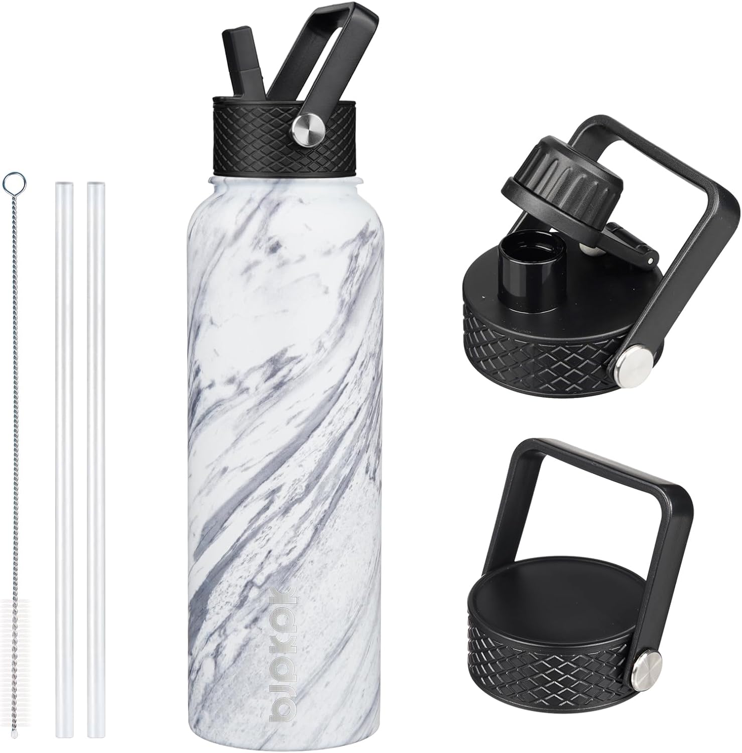 BJPKPK Insulated Water Bottles with Straw Lid, 40oz Stainless Steel Water Bottles with 3 Lids, BPA Free Leakproof Thermo, Tumblers, Cups for Sports, Gym-Carrara Marble