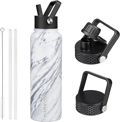 Miniatura 34 de BJPKPK Botellas de agua aisladas con tapa con pajilla, termo frío y caliente de 22 onzas, botella de agua de metal de acero inoxidable con 3 tapas,