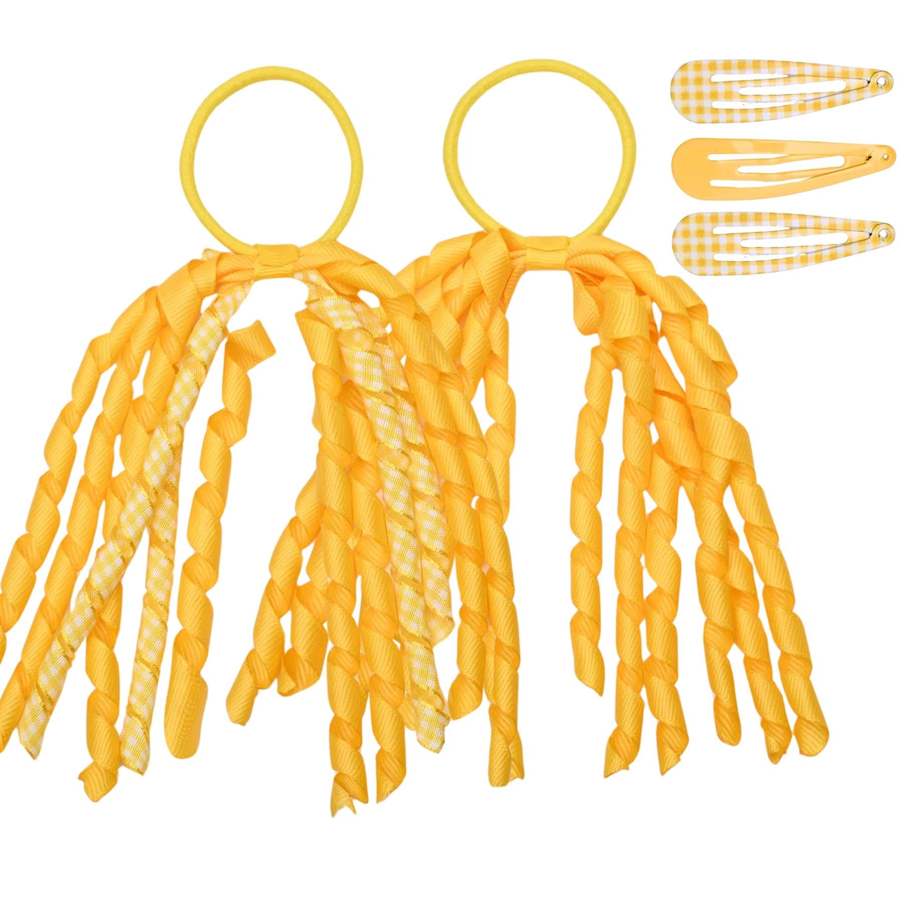 Basic Sense 2PCS Spiral Streamer Elastics and Hair Snap Clips - Plain & Gingham for Girls Yellow