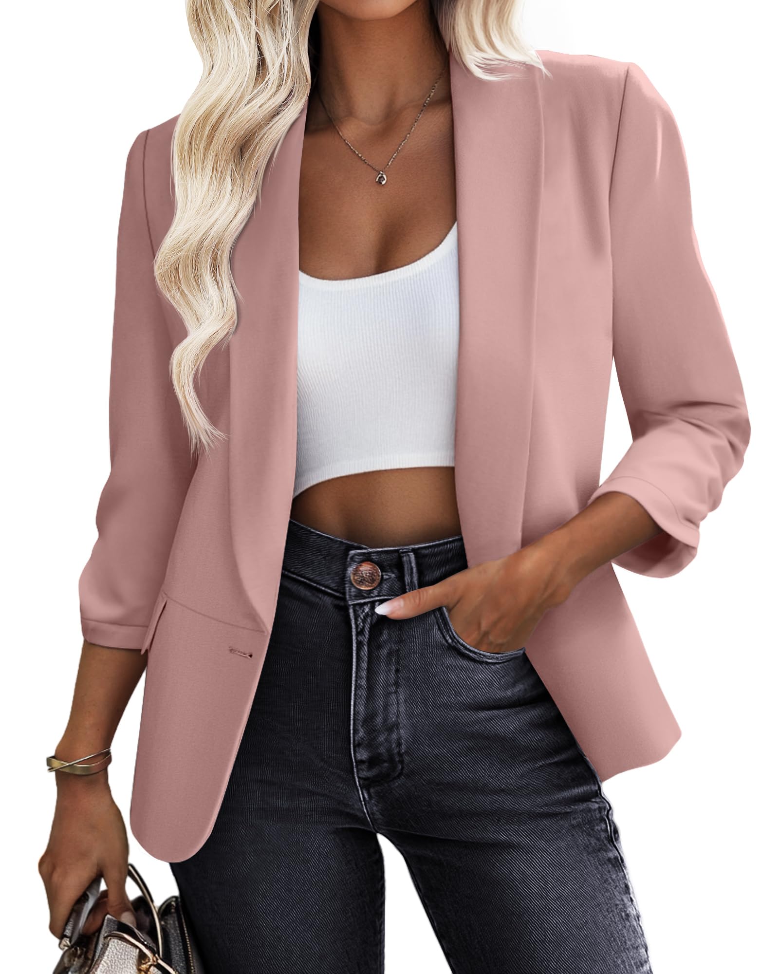 Riyiper Women's 3/4 Sleeve Blazer Open Front Blazer Jackets Casual Outfits Work Office Suit with Pockets