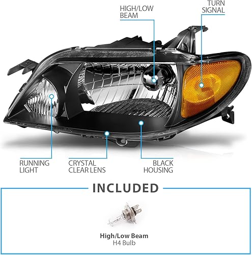 Miniatura 4 de AmeriLite Faros delanteros de cristal ámbar negro para Mazda Protege - lado del pasajero y del conductor