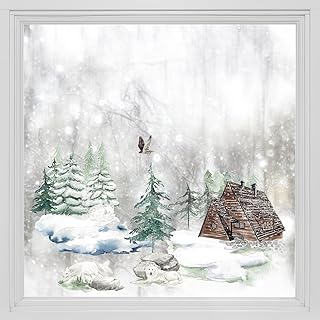 Alwayspon Static Window Film Privacy, Double Sided Window Cling Sticker, Anti UV Glass Film for Christmas Decoration, Winter Forest Cabin Wolf T060