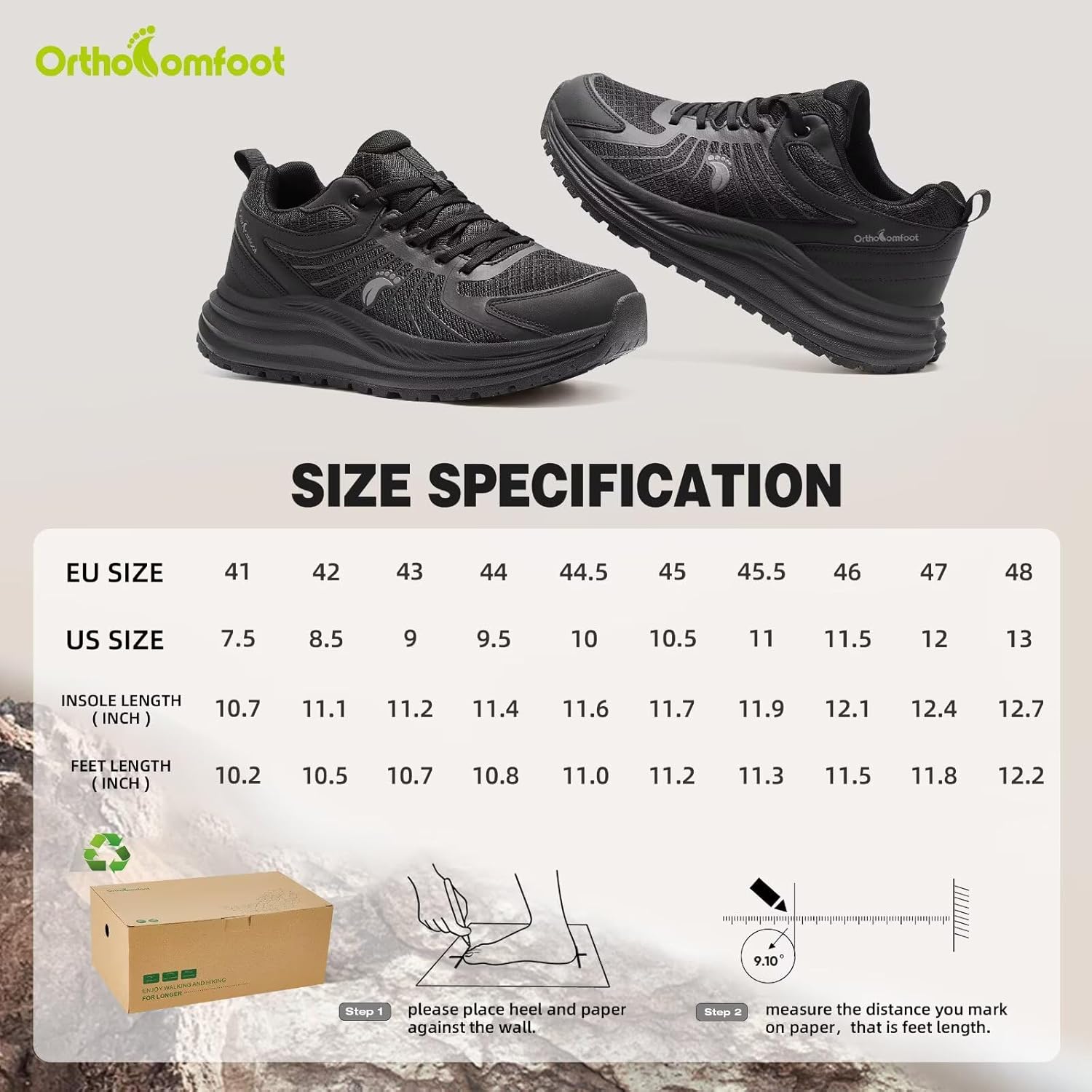 Men's Orthopedic Waterproof Trail Running Shoes: Comfortable Casual Arch Support Plantar Fasciitis Workout Walking Shoes, Orthotic Flat Feet Hiking Sport Gym Sneakers for Foot and Heel Pain Relief - Image 9