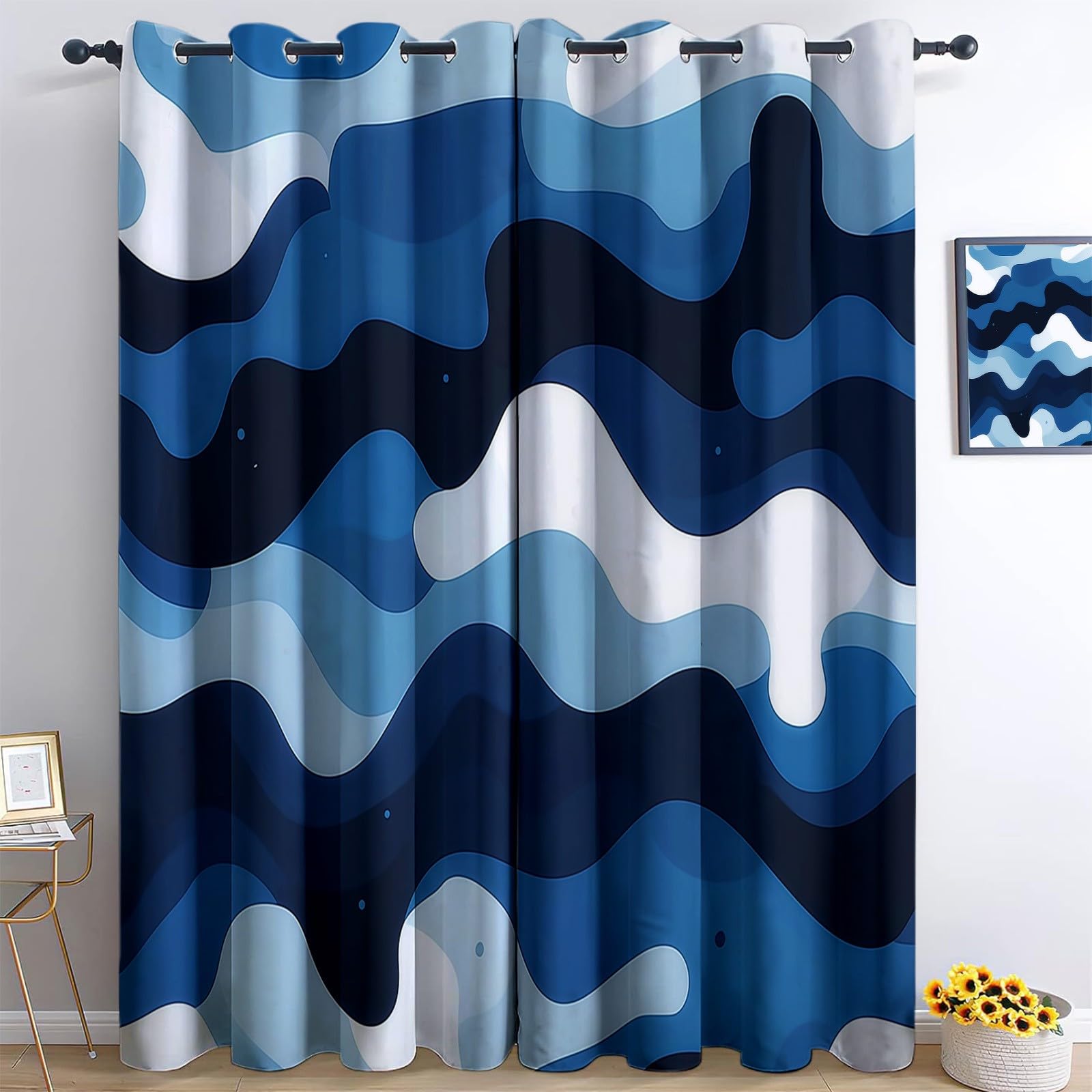 Rideaux occultants épais 140x260 grand salon avec motif camouflage blanc bleu tendance