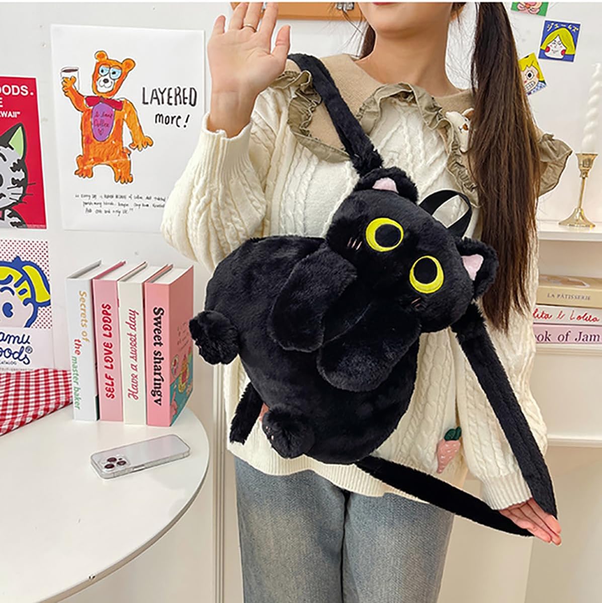 Girls Black Cat Plush Backpack – Stuffed Animal Cat Bag with Adjustable Straps, Perfect for Birthday Travel & Gifts (Black Cat)