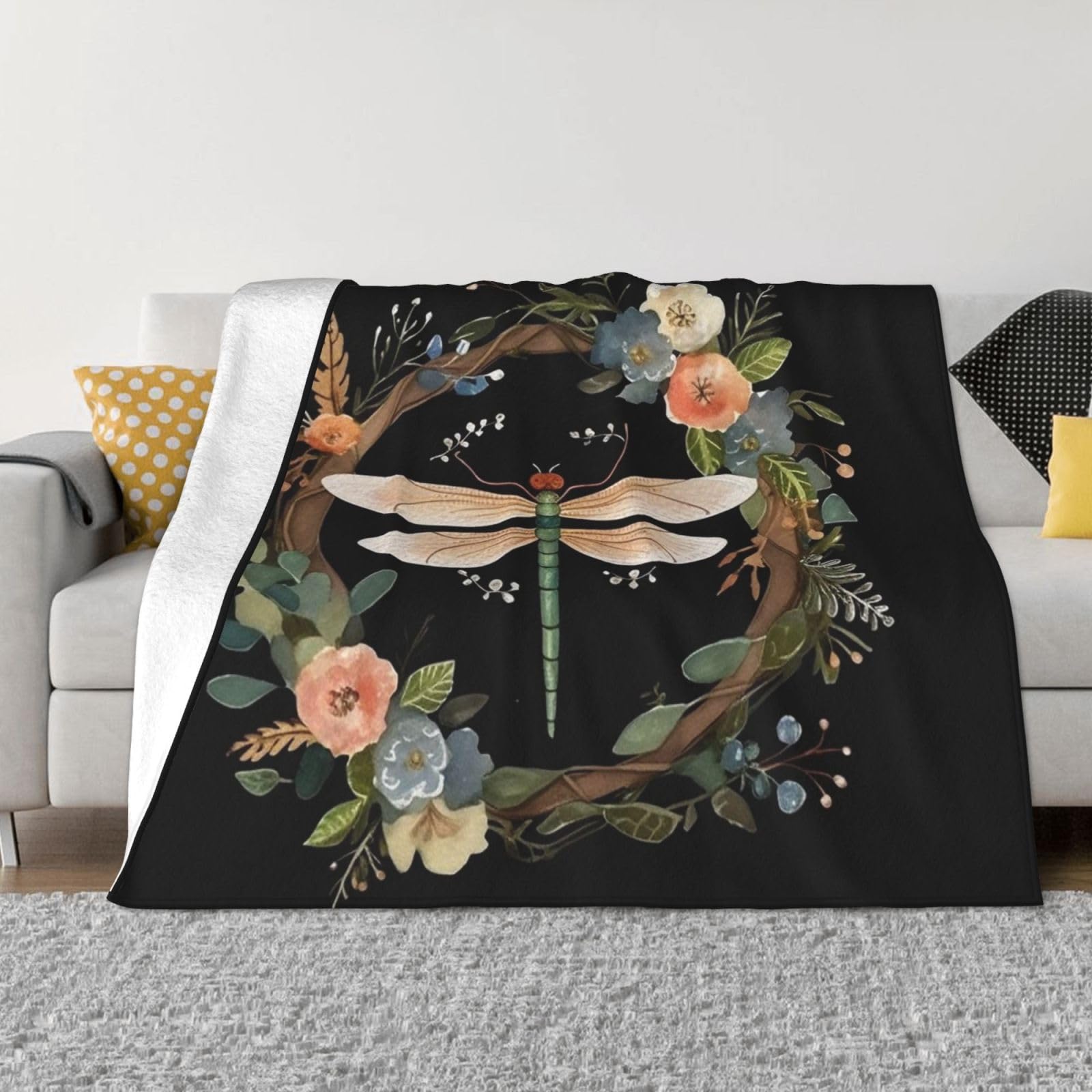 Image of dragonfly in wreath Throw Blanket 40"x30" Flannel Fluffy Warm Blanket for Couch, Reversible Plush Blankets for Bed, Comfy Fuzzy Blanket for Sofa, Plush Lightweight-Blankets for All Season