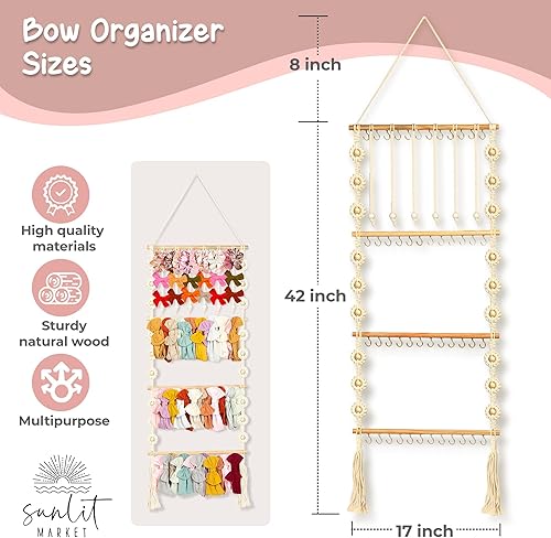 Miniatura 2 de Soporte para diadema  Soporte para lazo para bebé niña  Organizador de lazo de macramé para bebé niña con 48 ganchos de metal, 6 eslingas y cuentas