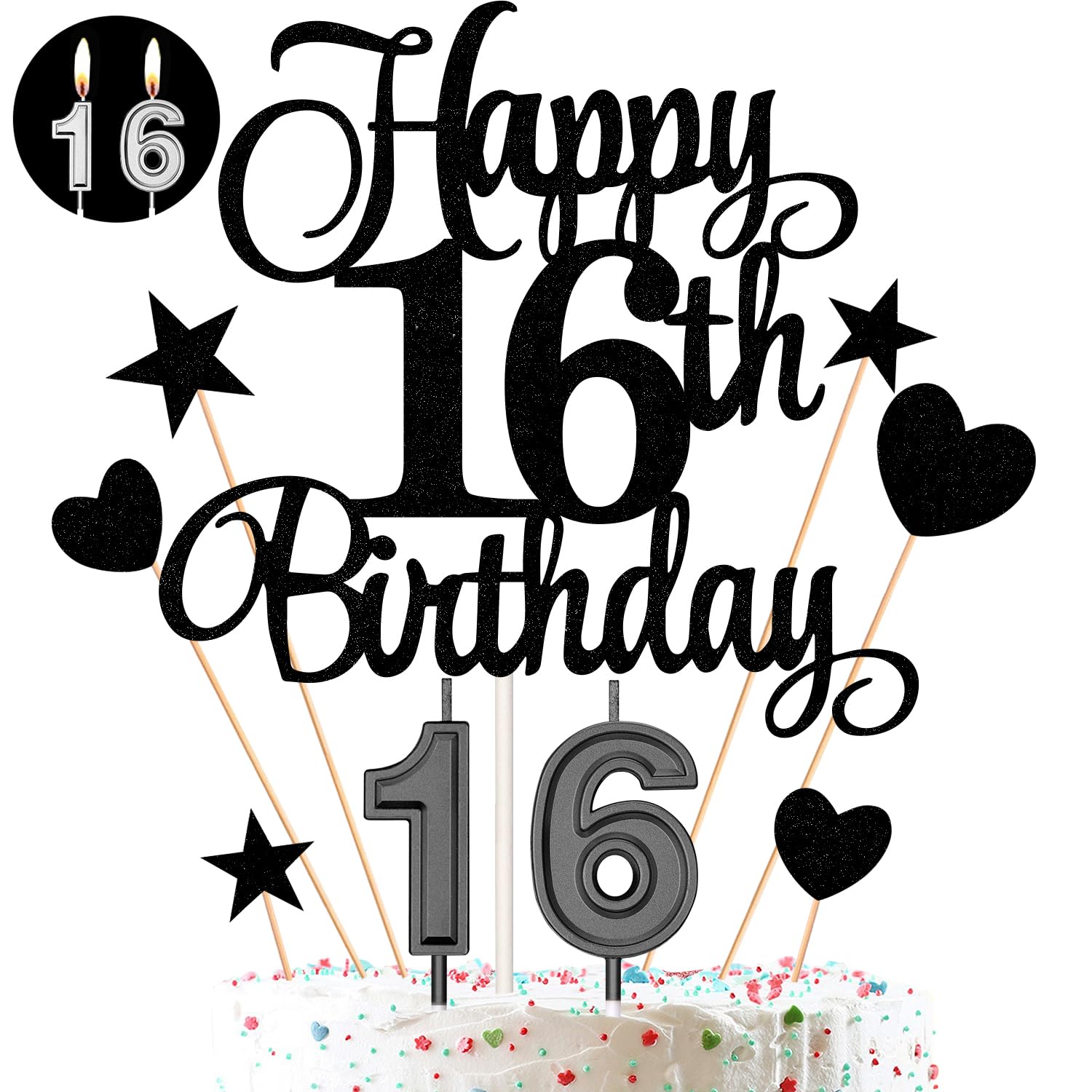 16th Birthday Cake Decorations Set Include 16th Birthday Candles Numeral 16 Cake Candles and Happy 16th Birthday Cake Toppers with Heart Star Cupcake