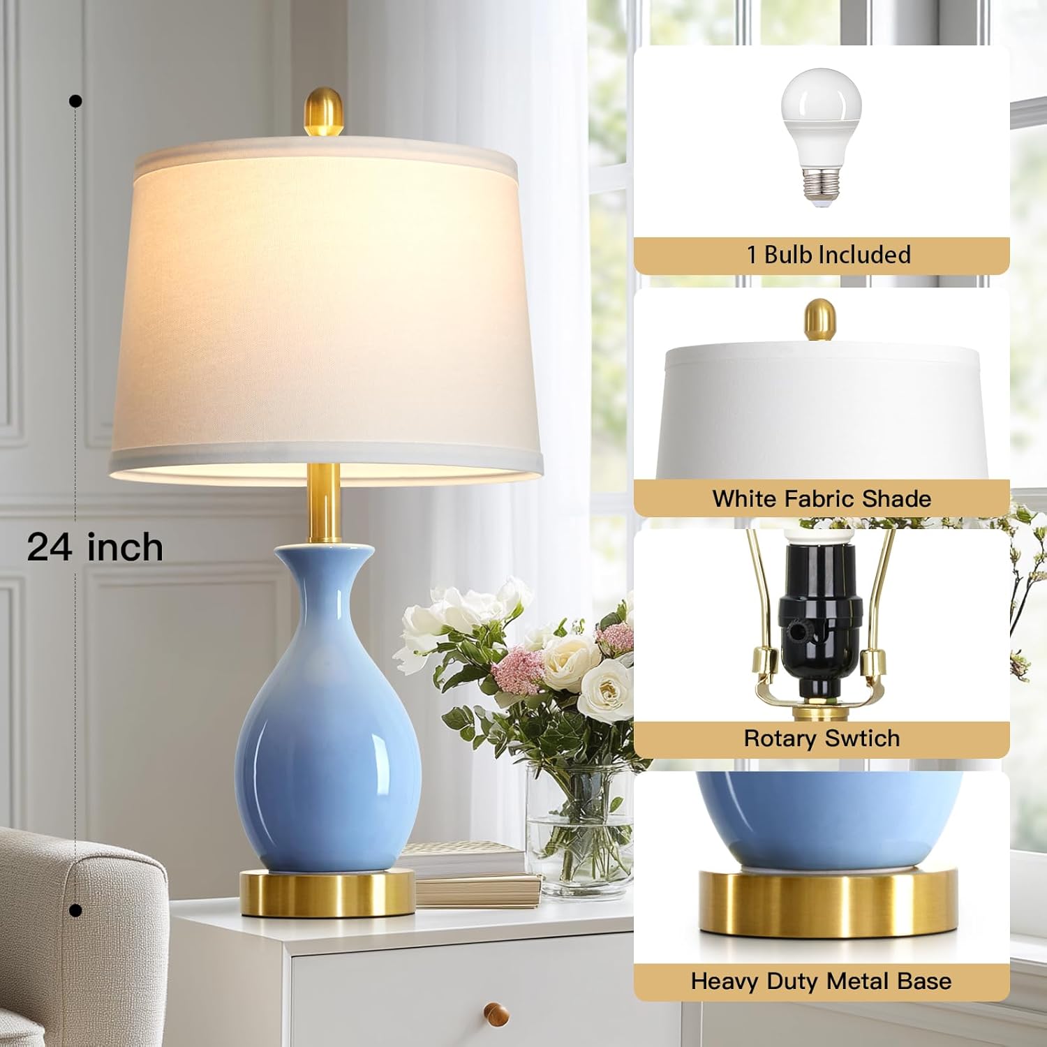 24?? light blue ceramic table lamp for living room, modern classic bedside lamp for nightstand, small table lamp for bedroom end table (1 pack) light blue - 24"h - 1 pack