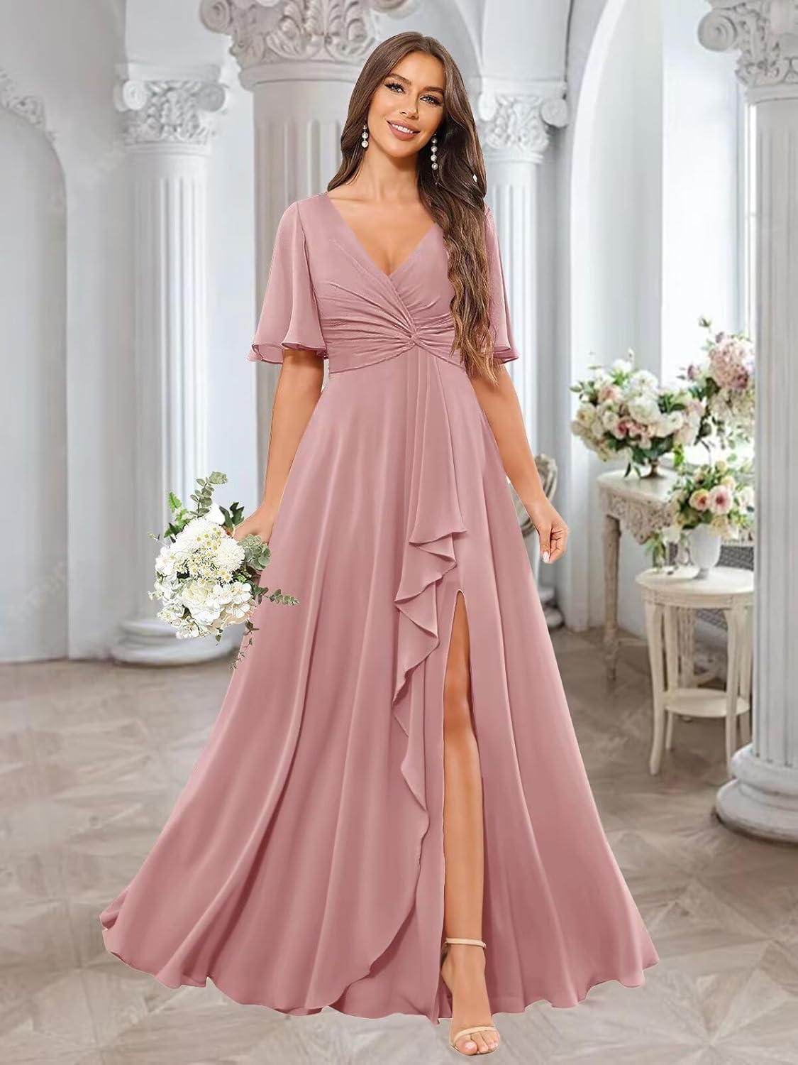 Short Sleeve Bridesmaid Dresses for Women Ruffle Chifon Formal Wedding Party Dress with Pockets - Image 5