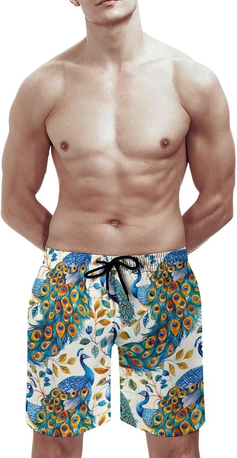 Beauty Peacock Casual Men's Swim Trunks Novelty Summer Beach Shorts Swimwear with Pocket