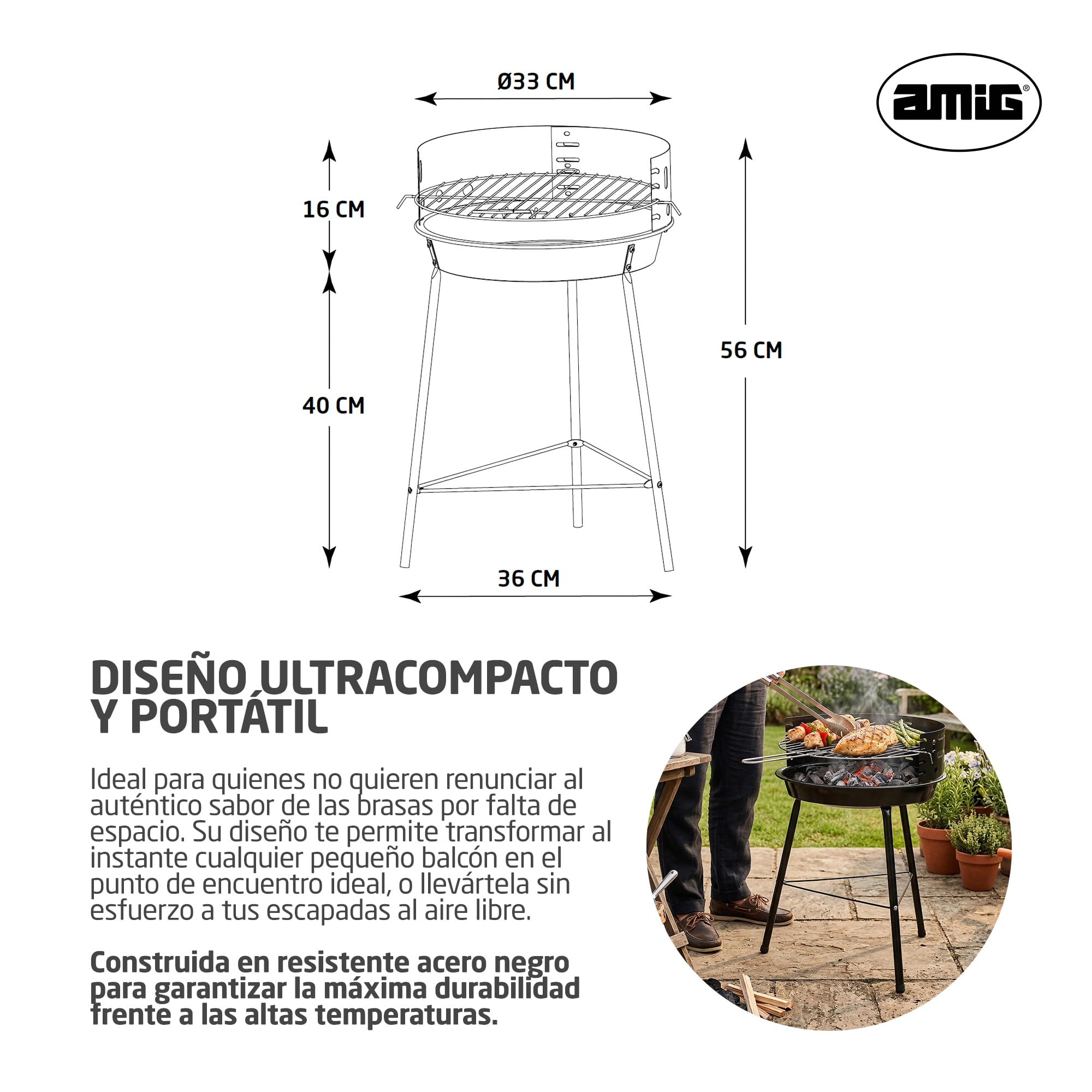 Amig - Barbacoa de carbón - 33 x 35 x 56 cm - Negro - Fabricado en Acero - Jardín y patio - para terraza y balcón con tamaño ajustado a espacios pequeños uso práctico y mantenimiento fácil. Mod. AZKAR