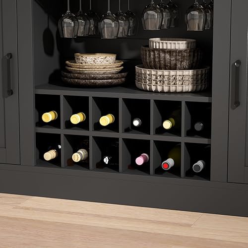 Miniatura 7 de Loomie Armario de mesa de bar con LED y 3 cajones, barra de licor con estantes de almacenamiento ajustables y soportes para vasos, mostrador en