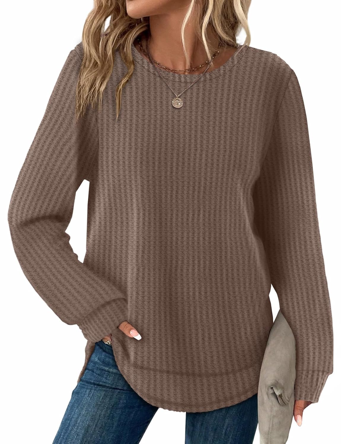 WIHOLL Tunic Tops for Women Loose Fit Dressy Waffle Knit Long Sleeve Shirts Trendy Fall Fashion Crewneck Sweaters