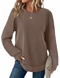 Tunic Tops for Women Loose Fit Dressy Waffle Knit Long Sleeve Shirts Trendy Fall Fashion Crewneck Sweaters Curved Hem