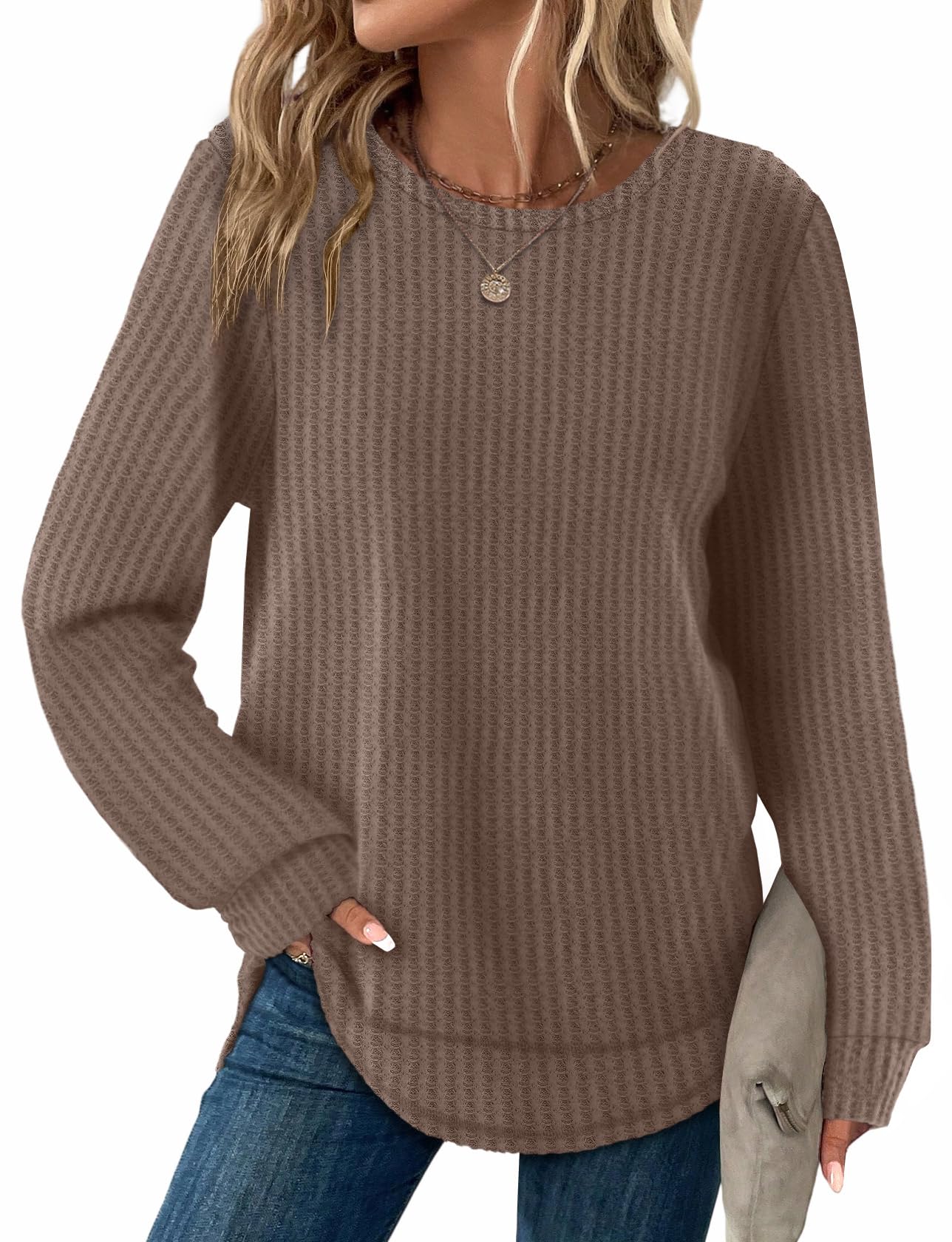 WIHOLL Waffle Knit Tunic: Dressy Loose Fit Crewneck Sweater with Curved Hem