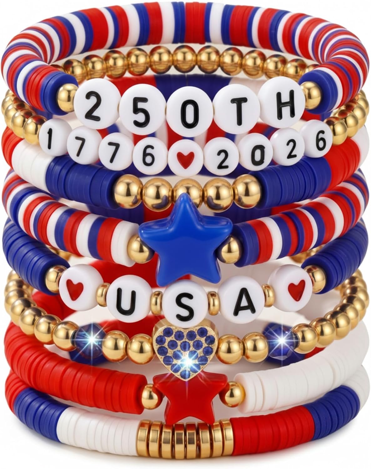 Gerrii 4th of July Clay Bracelet Patriotic Jewelry for Women Red White Blue Bracelet with Vinyl Disc for 250th Accessory
