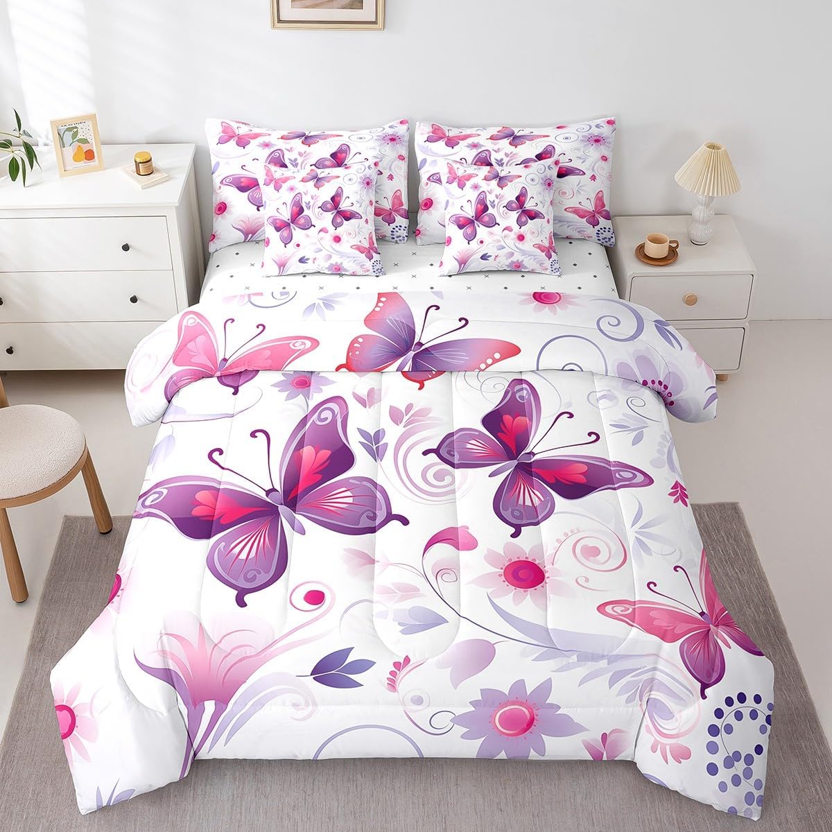 White Daisy Floral Bedding Set 7 Pieces For Kids Girls Pink Flower Comforter Set Twin,Rainbow Geometric Stripes Bedding Comforter Sets Orange Yellow Ombre Bed in a Bag Botanical Theme Bed Sheets Set