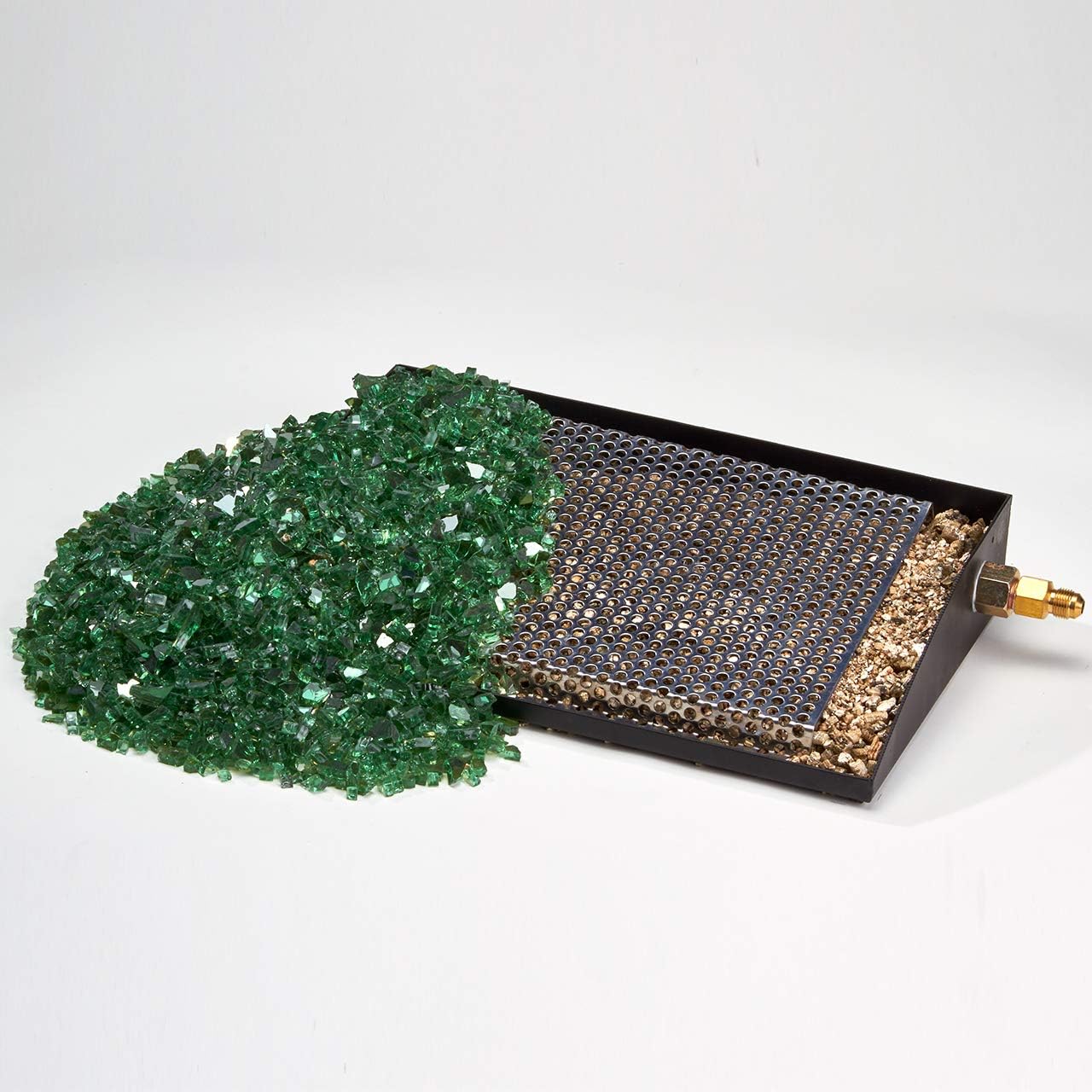 Duluth Forge Vented Fire Burner components, showing the U-burner chassis, vermiculite, and green fire glass.