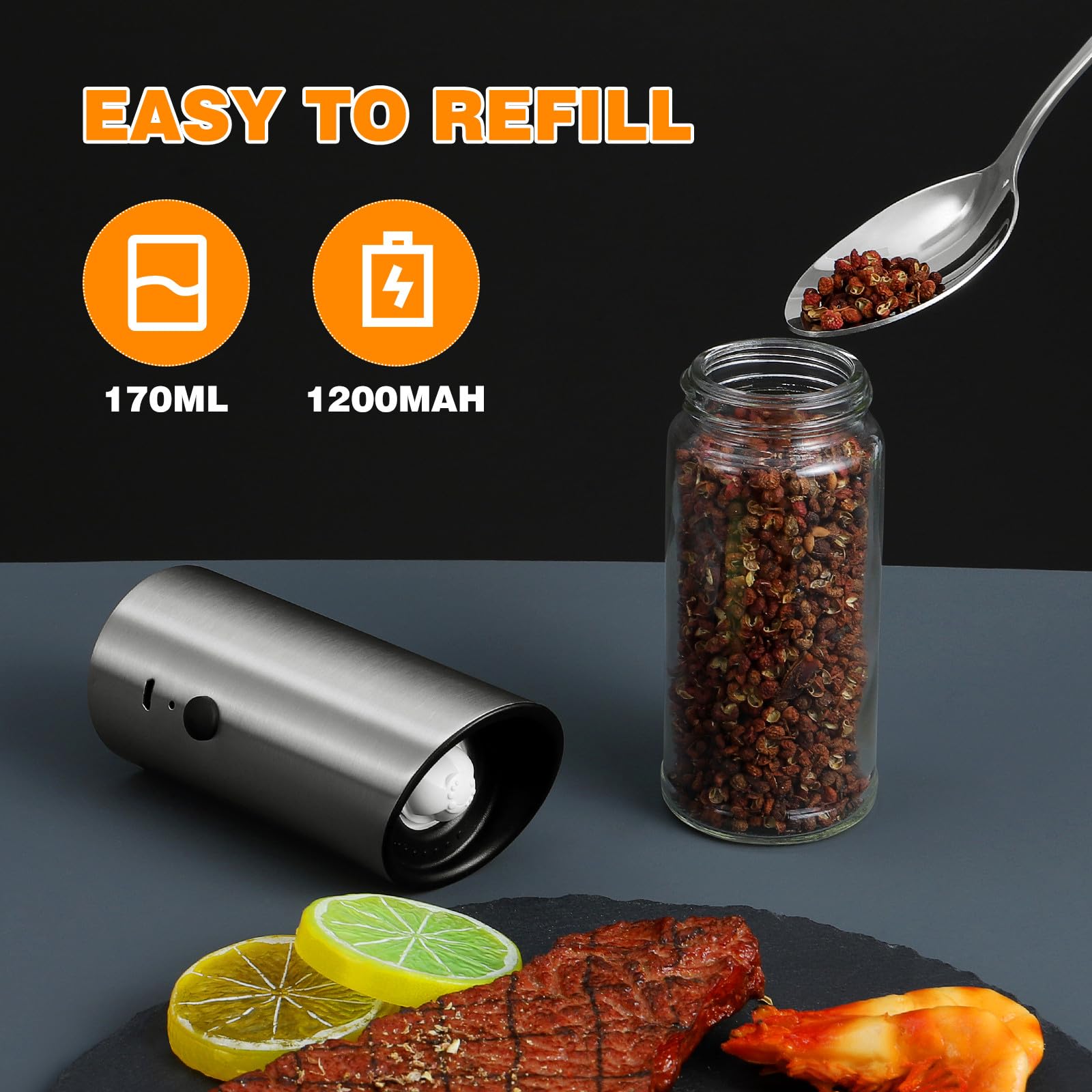 BESPORTBLE Elektrische Pfeffermühle und Salzstreuer Nachfüllbar Verstellbarer Mahlgrad Glas Edelstahl ABS USB Aufladbar Einhandbedienung Kompakt für Küche und Picknick