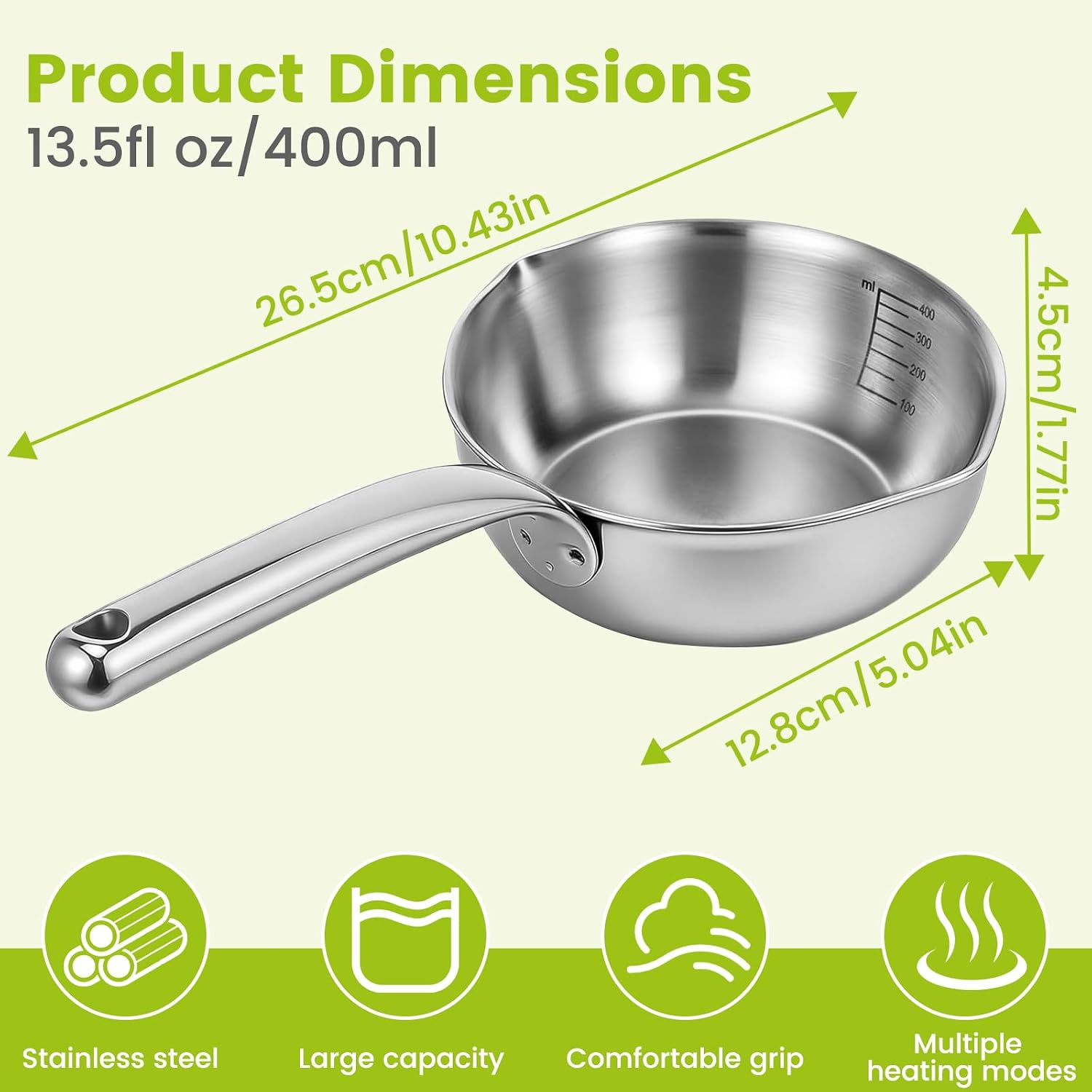 18/10 Stainless Steel Butter Warmer with Round Handle, 13.5 fl oz (400ml) Mini Saucepan for Milk, Butter, Sauces, Baby Food, Coffee, Chocolate & Eggs – Induction & Gas Stove Compatible