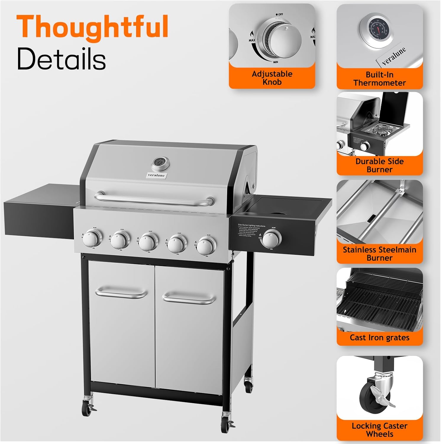 Veralune 5 Burner Propane Gas Grill, 5 Burner BBQ Grill with Side Burner, 5 Burner Outdoor Cooking Grill, 68,000 BTU Heavy-Duty, Stainless Steel, Electronic Ignition System, Built-in Thermometer