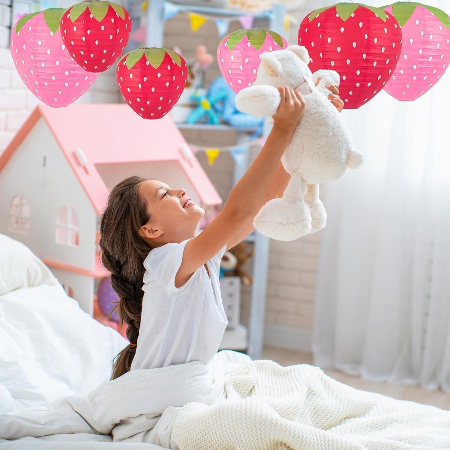 Strawberry Paper Lanterns, 8" & 12" Large Strawberry Hanging Lantern, Strawberry Hanging Decorations for Fruit Theme Birthday Party Decor(8 Pcs, Red & Pink) - Image 6
