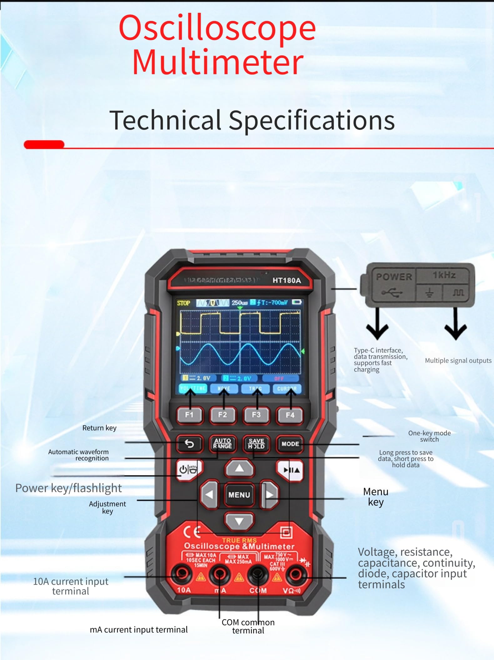 HT180A 3-in-1 Oszilloskop Multimeter Signalgenerator