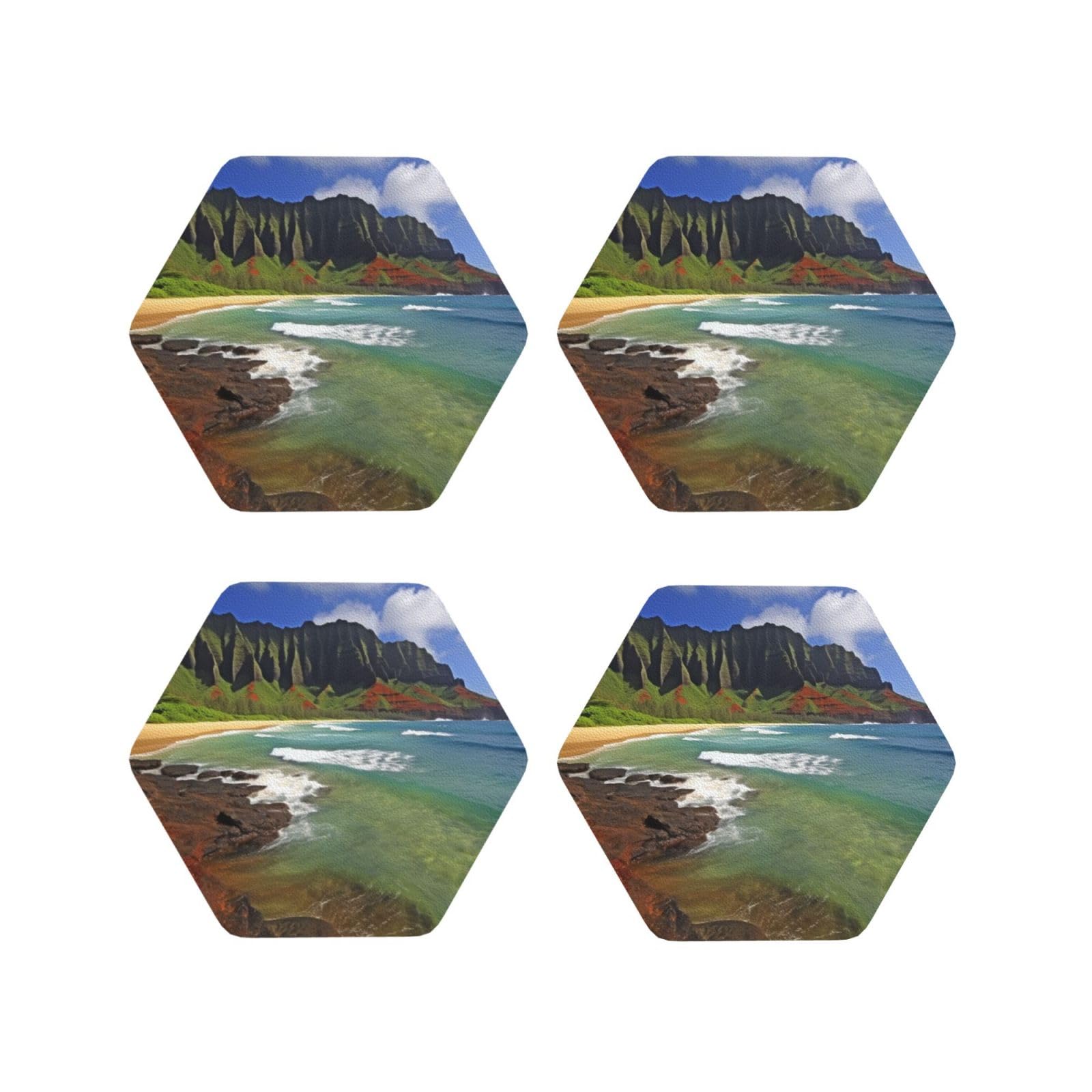 4Pcs PU Leather Coaster for Drinks, Kauai Hawaii Seashore Cup Coastersr 4" Cup Mat Pad, Aesthetic Drink Coasters for Coffee Table, Hexagon Coaster for Tabletop Protection
