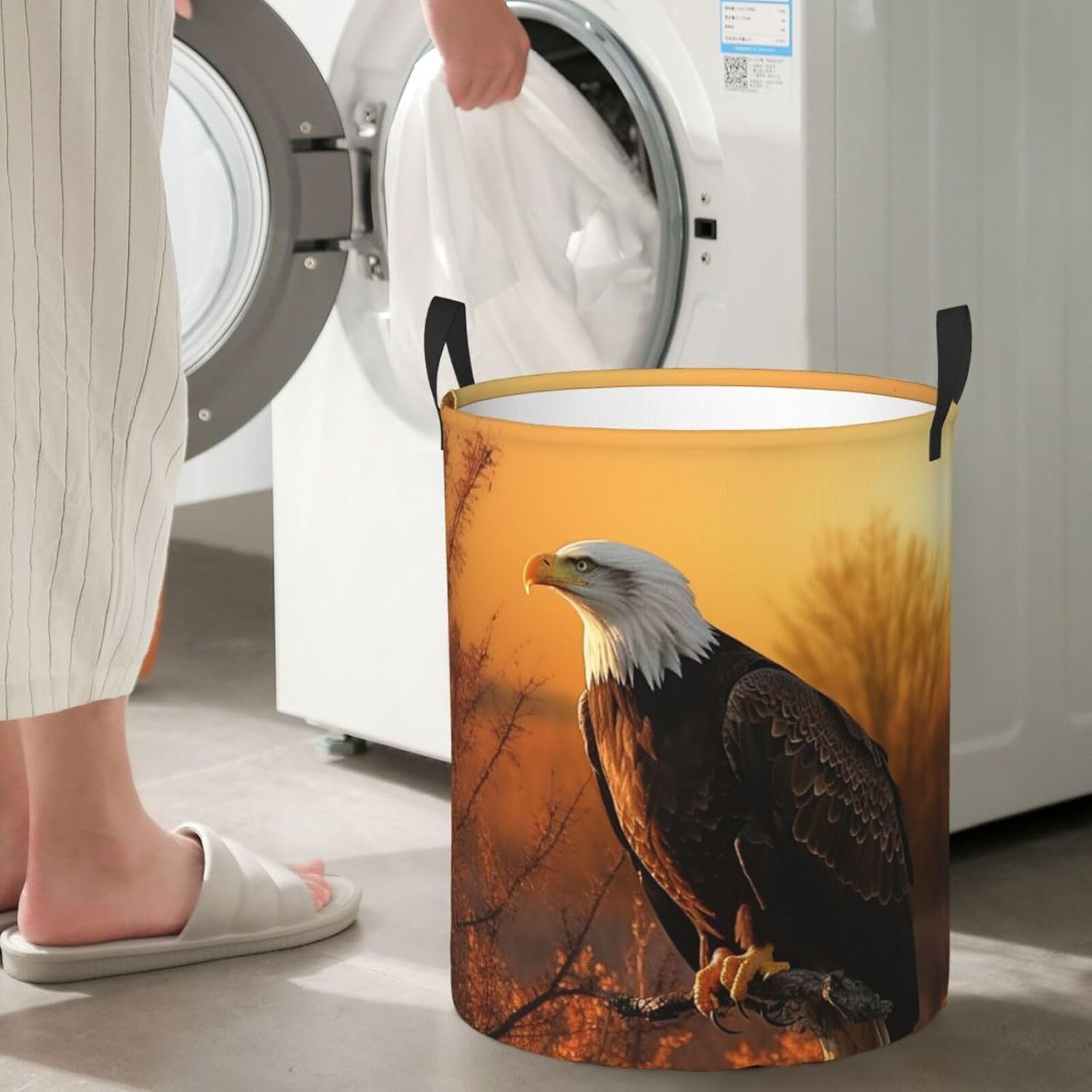 Golden Sunset Bald Eagle Laundry Basket With Handles, Foldable Laundry Hamper Oxford Cloth Dirty Clothes Basket Waterproof Clothes Toys Storage Bin Organizer for Bedroom Bathroom Dorm